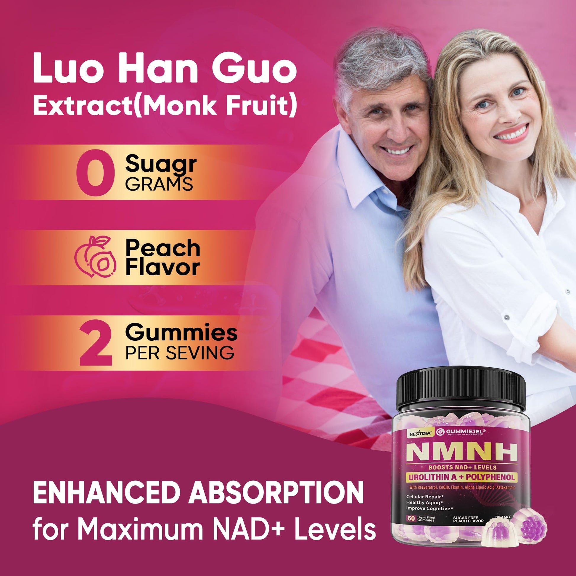 NMNH Gummies 300MG for Longevity with Urolithin A, Polyphenol Blend, Resveratrol, NAD+ Supplement for Women & Men Boost NAD+ Levels, Optimized Aging, Cell, DNA Repair, Energy, Focus, Sugar Free, 60cts NextdiaAu supplements