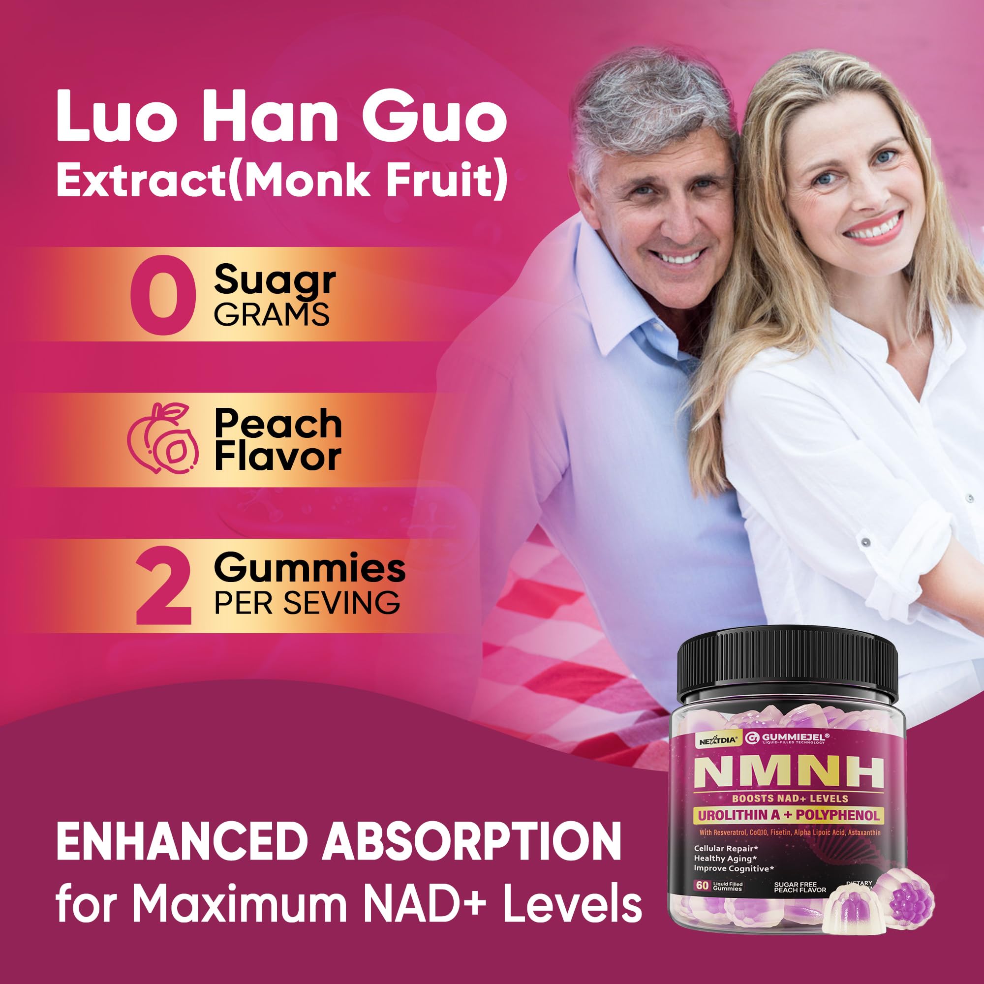 NMNH Gummies 300MG for Longevity with Urolithin A, Polyphenol Blend, Resveratrol, NAD+ Supplement for Women & Men Boost NAD+ Levels, Optimized Aging, Cell, DNA Repair, Energy, Focus, Sugar Free, 60cts NextdiaAu supplements