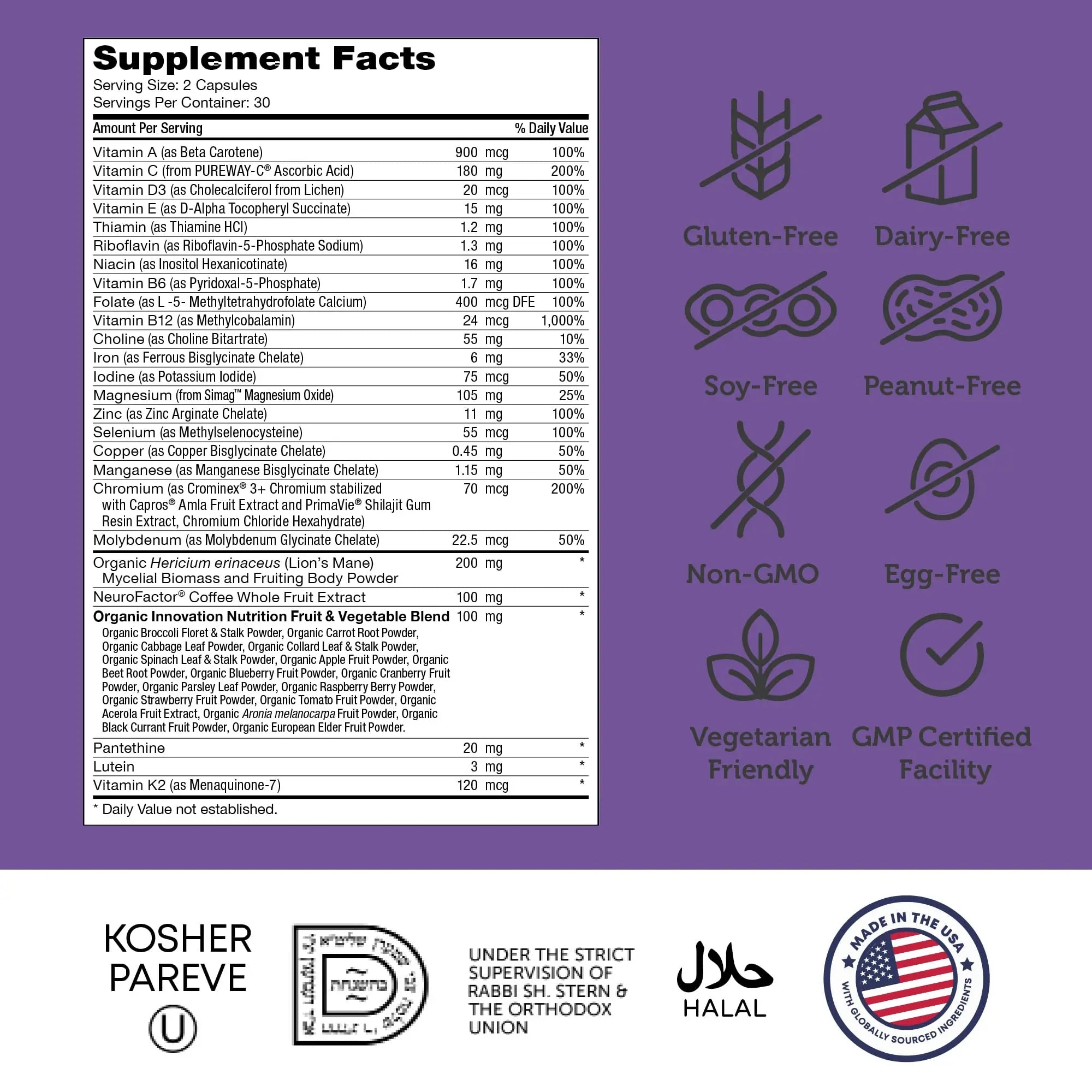 Zahler - Multivitamin Brain Supplement (60 Count) Kosher Brainfood Capsules for Adults with Neuro Factor & Lion's Mane ZahlerAu supplements