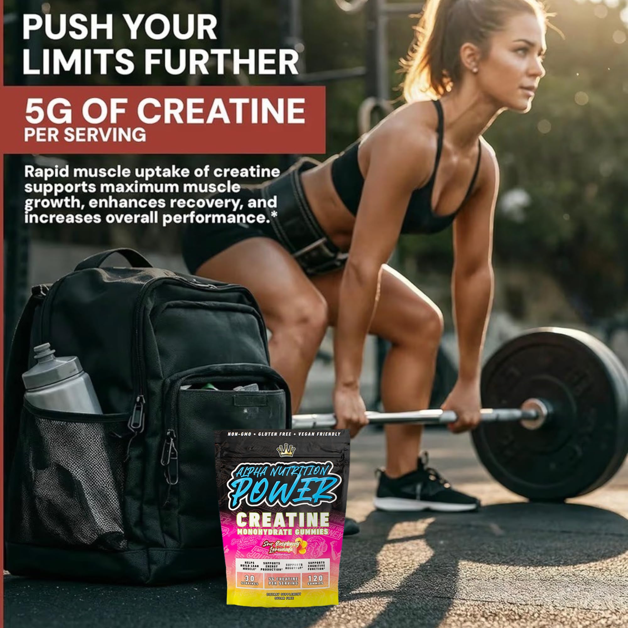 Creatine Monohydrate Gummies 5g - Raspberry Lemonade Flavored Creatine for Women and Men - Supplement for Muscle Gain, Strength, Energy, Cognitive Health, Pre and Post Workout, Recovery, (120 Gummies) Alpha Nutrition PowerAu supplements