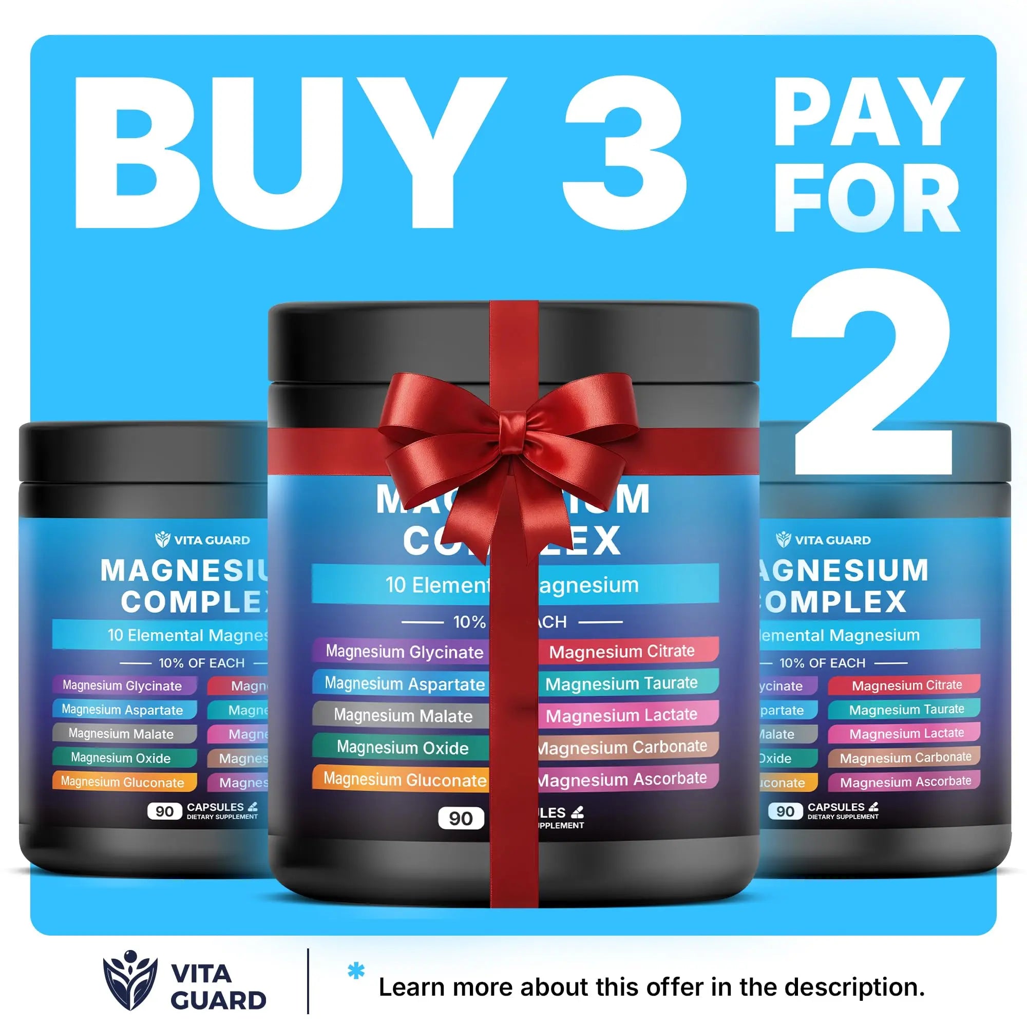 Vita Guard Magnesium Complex 1480mg – 10-in-1 with Glycinate, Citrate, Malate & More – High Absorption – Sleep, Muscle, Nerve & Heart Support – 90 Vegan Capsules – Non-GMO, Gluten-Free, No Sugar Vita Guardnz supplements