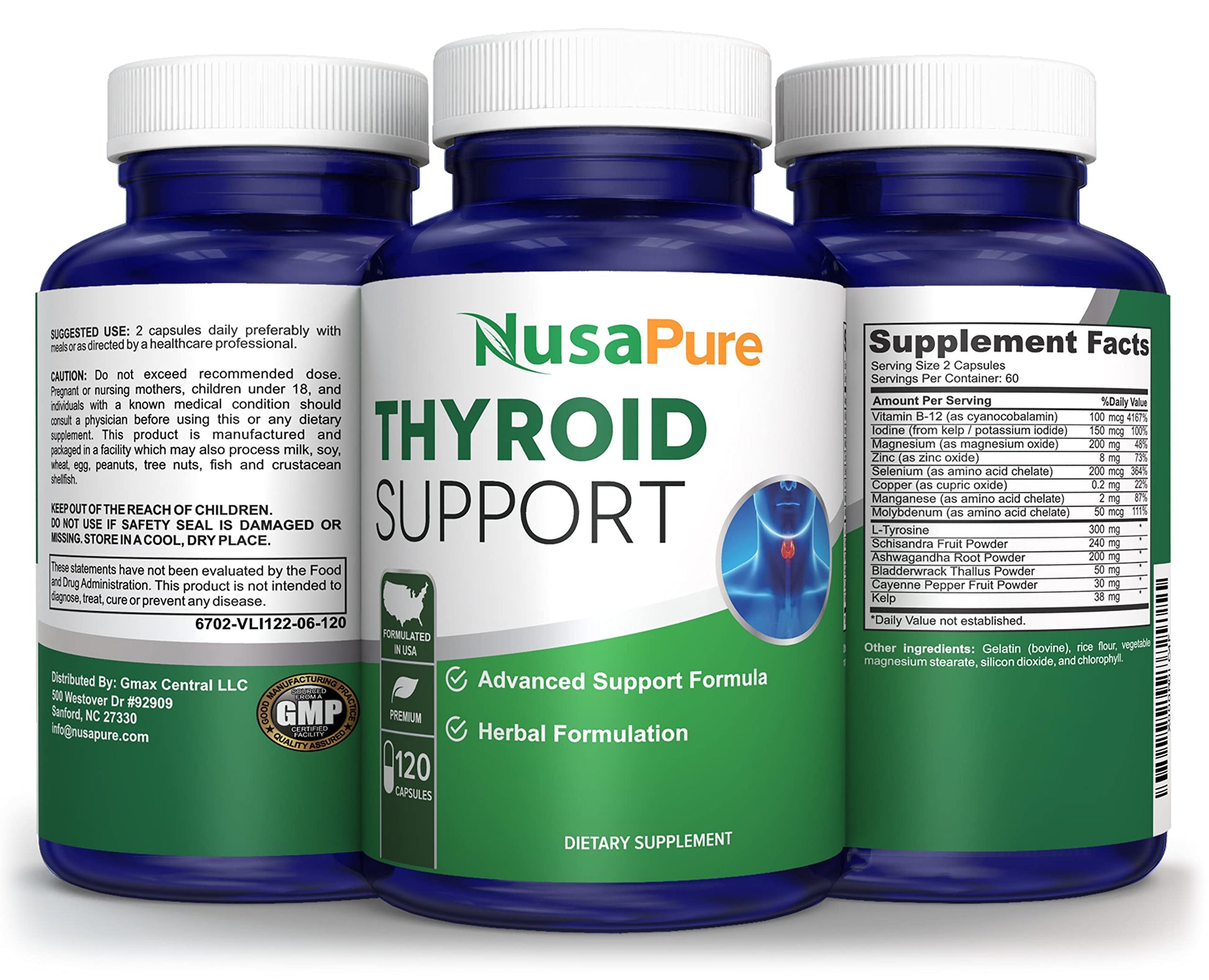 NusaPure Thyroid Support Supplement (Non-GMO) 120 caps, Ashwaganda, Iodine, Zinc, kelp, Vitamin B12, L-Tyrosine, Selenium, Copper NusaPureAu supplements