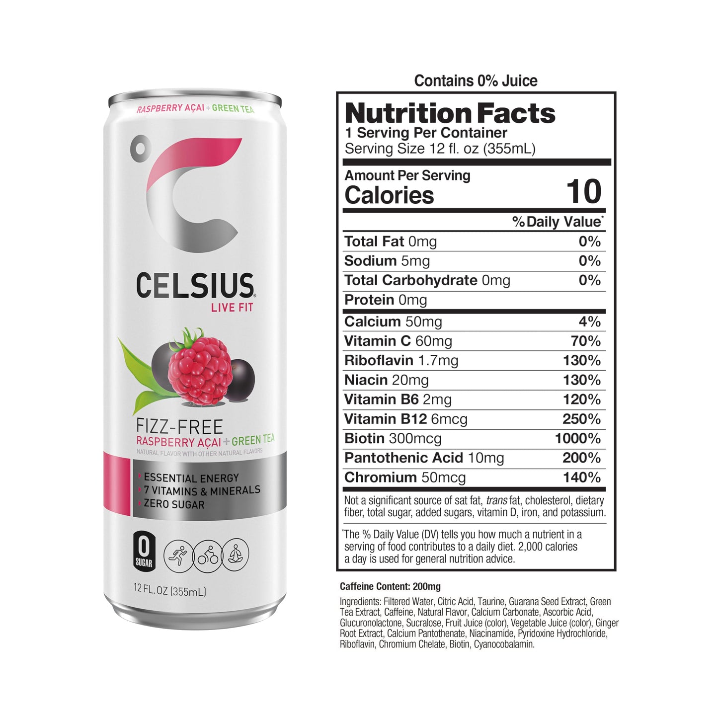 CELSIUS Raspberry Acai Green Tea, Functional Essential Energy Drink 12 Fl Oz (Pack of 12) Packaging may vary CELSIUSUS supplements