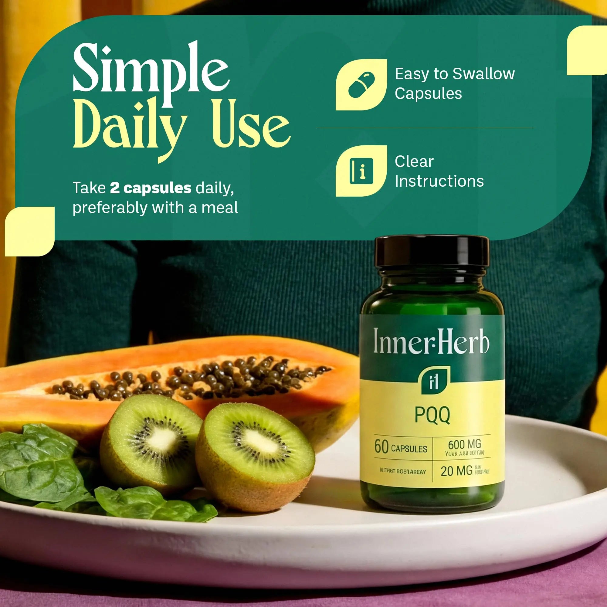InnerHerb Pyrroloquinoline Quinone PQQ Daily Capsule - Supplement for Adults (60 Capsules, 30 Servings) (20mg Per Serving) InnerHerbnz supplements
