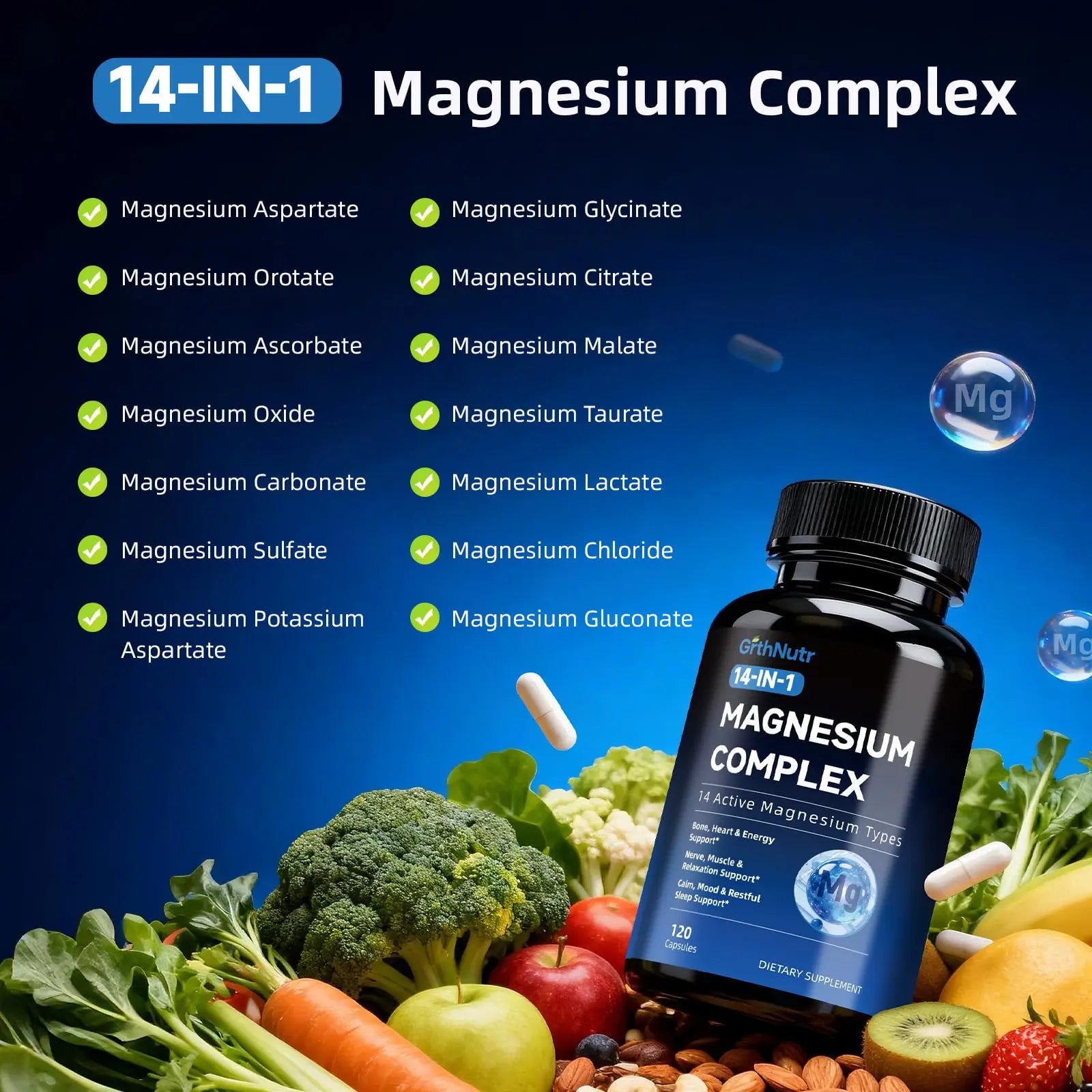 14-in-1 Magnesium Complex Supplement, 1200mg Elemental Magnesium Glycinate, Citrate, Malate, Taurate - Magnesium Complex for Women Nerves, Bone & Heart Health | Non-GMO GrthNutrnz supplements