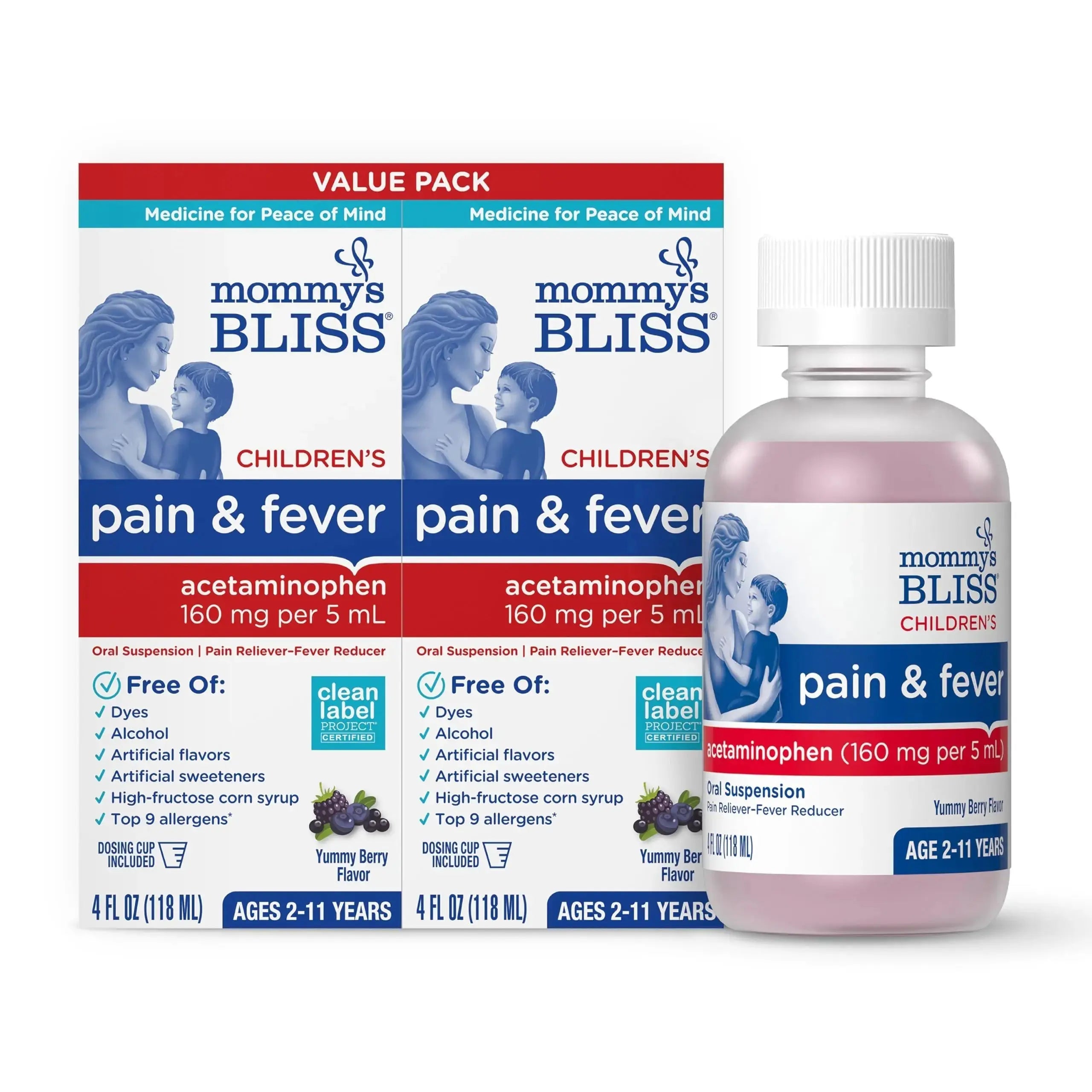 Mommy's Bliss Children's Pain and Fever Reducer, Kids Acetaminophen, Dye Free, Delicious Mixed Berry Flavor, Ages 2+, 4 Fluid Ounces (Pack of 2) Mommy's BlissAu supplements