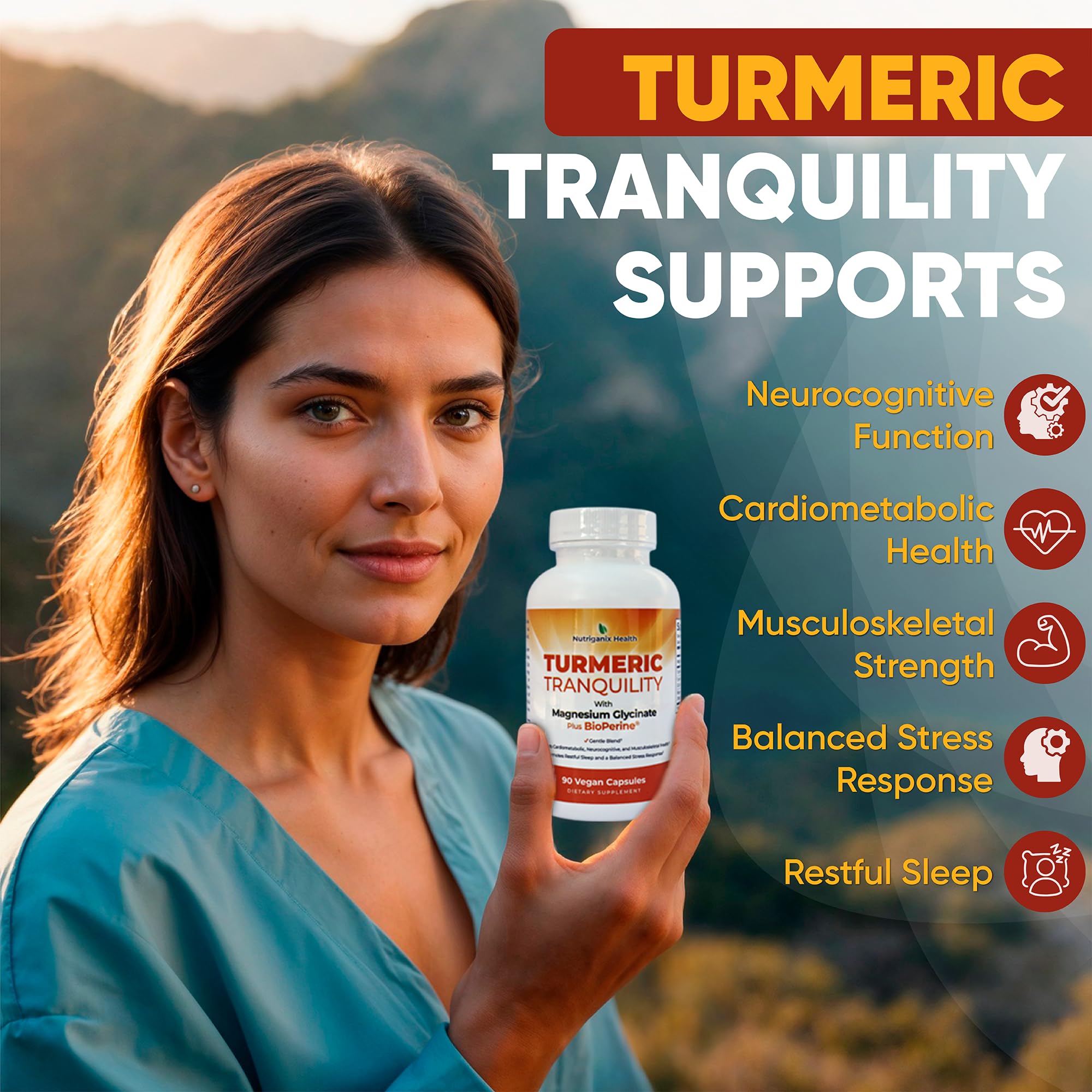 Turmeric Tranquility Turmeric Curcumin & Magnesium Glycinate with BioPerine – Support for Stress Relief, Sleep, Heart Health, Muscles, Metabolism, and Joint Health* - High Absorption - 90 Capsules (1) NutriganixAu supplements