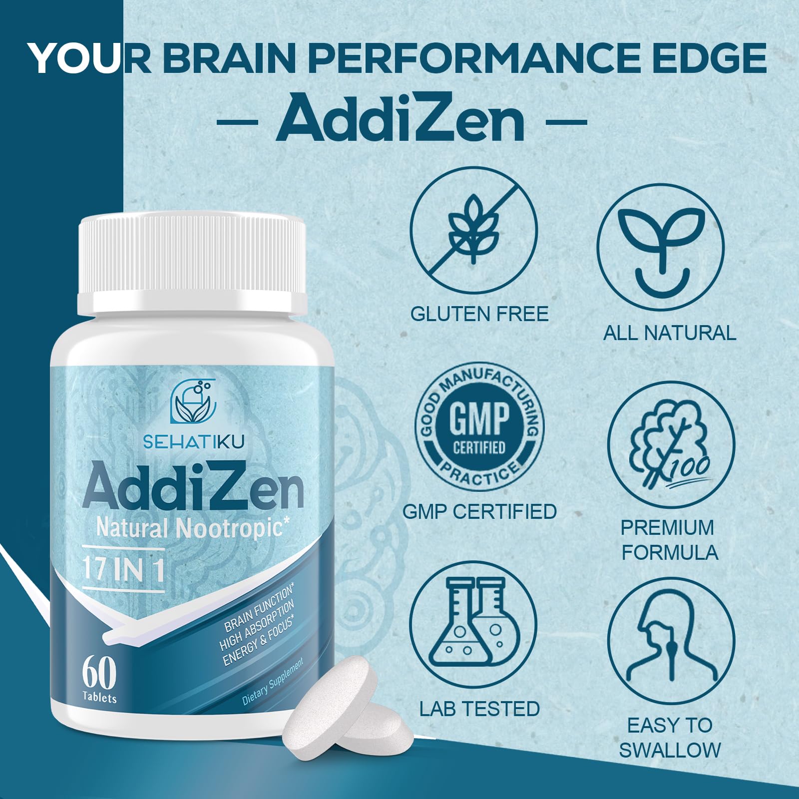 17-in-1 Brain Supplement for Memory and Focus | Natural Nootropics Brain Supplement for Brain Cognition, Energy | High Absorption | L-Theanine, Phytonutrient Blend and Vitamins B6, B12 | 60 Tablets SehatiKuAu supplements