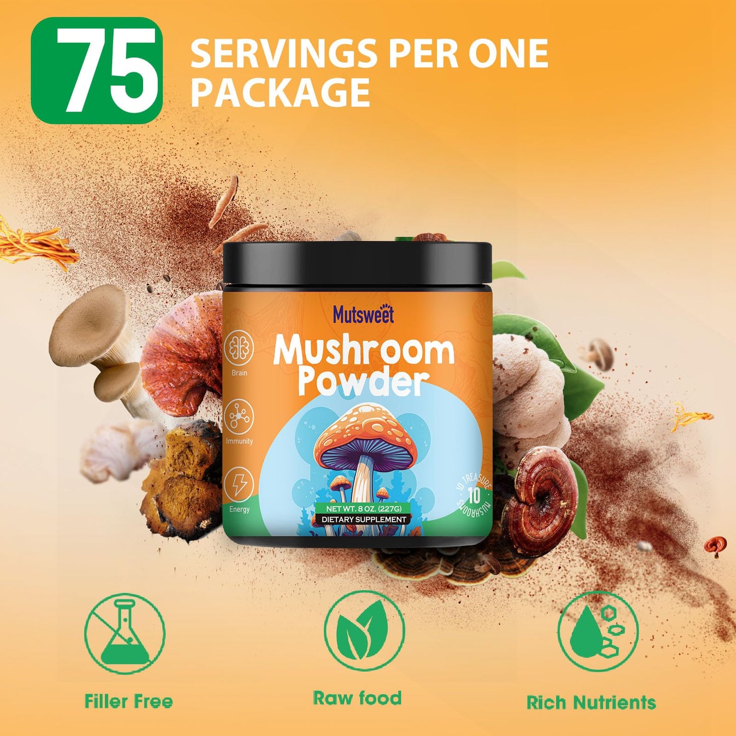 Mushroom Powder Blend (75 Servings), Ten Mushroom Supplement with Lions Mane MutsweetUS supplements