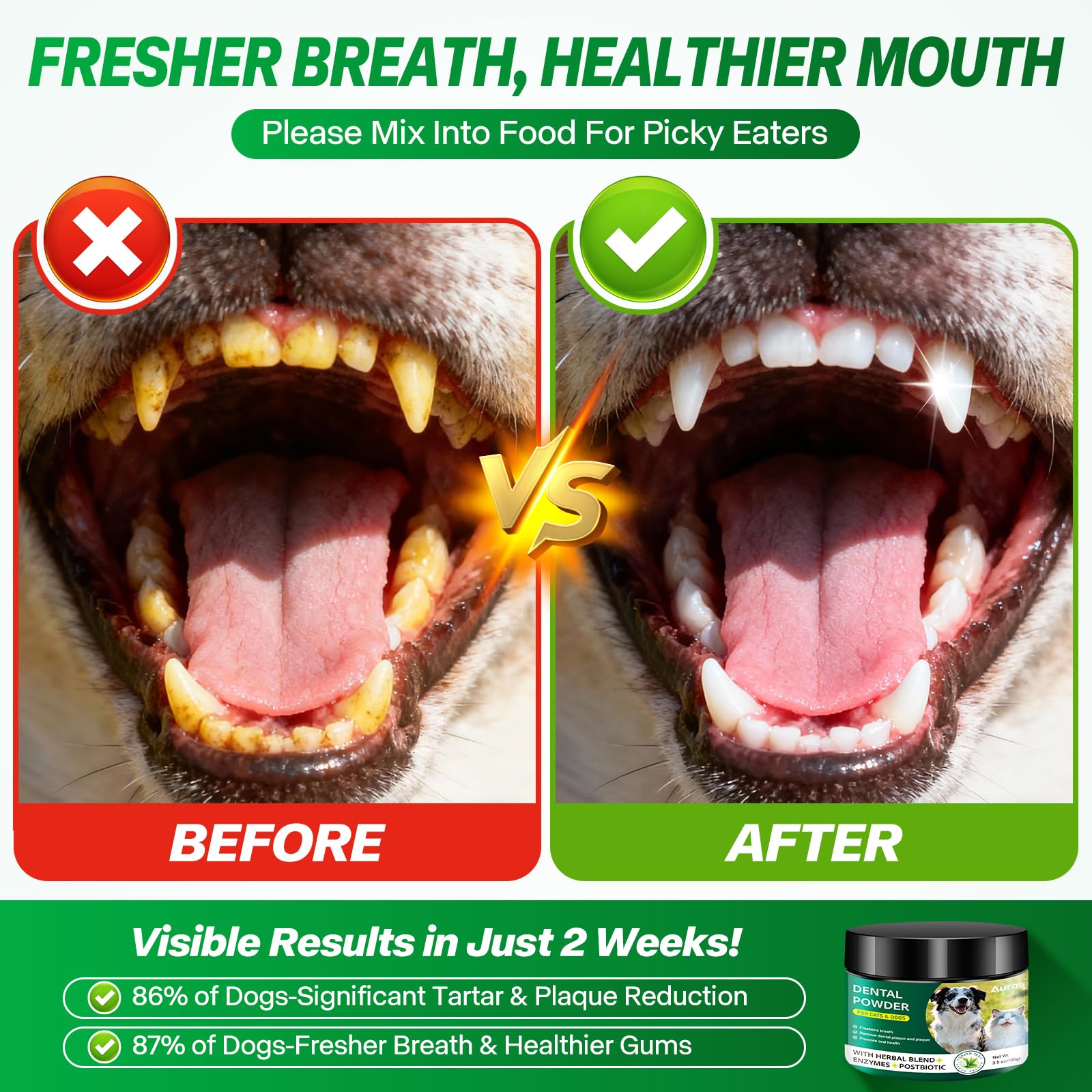 Dog Dental Powder for Teeth Cleaning Plaque & Bad Breath Off, Dental Powder for Dogs Teeth with Natural Herbal Blend & Postbiotics, Dog Teeth Cleaning Powder with Enzymes for Dogs & Cats (3.5oz) AUROSAu supplements