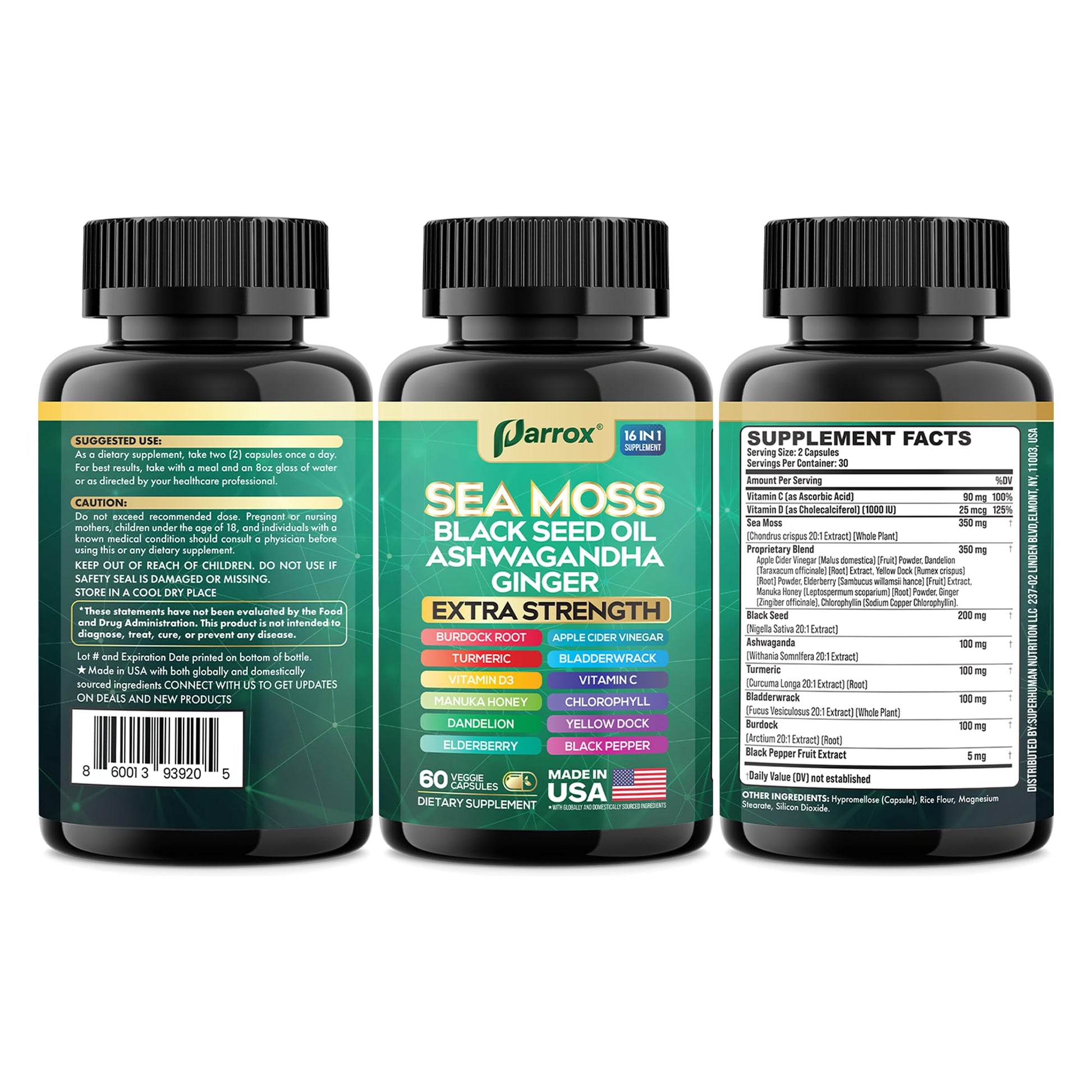 Parrox Sea Moss, Black Seed Oil, Ashwagandha, Turmeric, Chlorophyll, Dandelion, Ginger, Vitamin D3, Black Pepper, Elderberry, ACV, Yellow Dock, Burdock Root, Manuka, Vitamin C, Bladderwrack (60 Caps) ParroxAu supplements