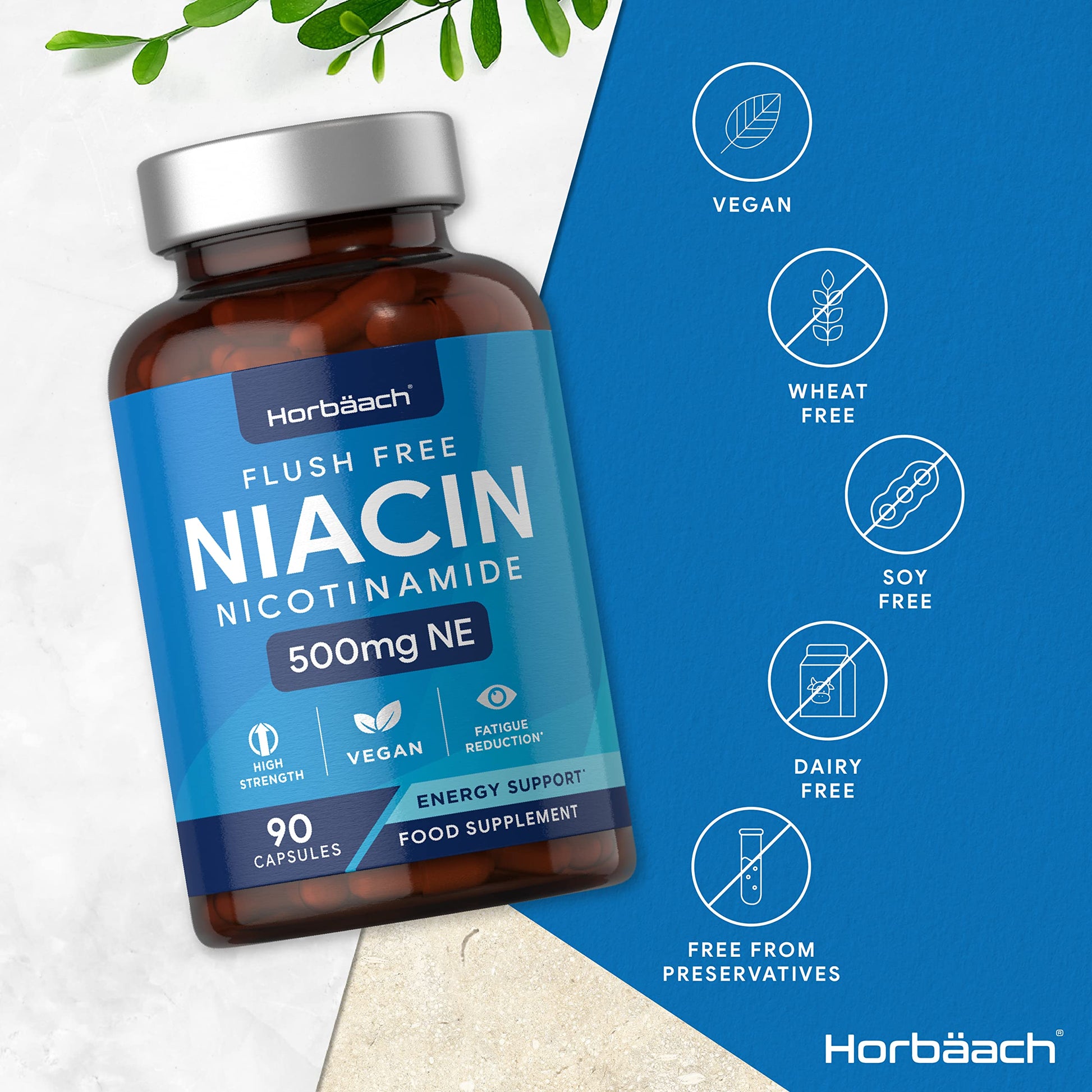 Vitamin B3 Niacin 500mg | 90 Vegan Capsules | Flush Free Nicotinamide Supplement HorbäachUS supplements