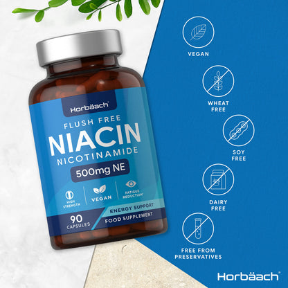 Vitamin B3 Niacin 500mg | 90 Vegan Capsules | Flush Free Nicotinamide Supplement HorbäachUS supplements