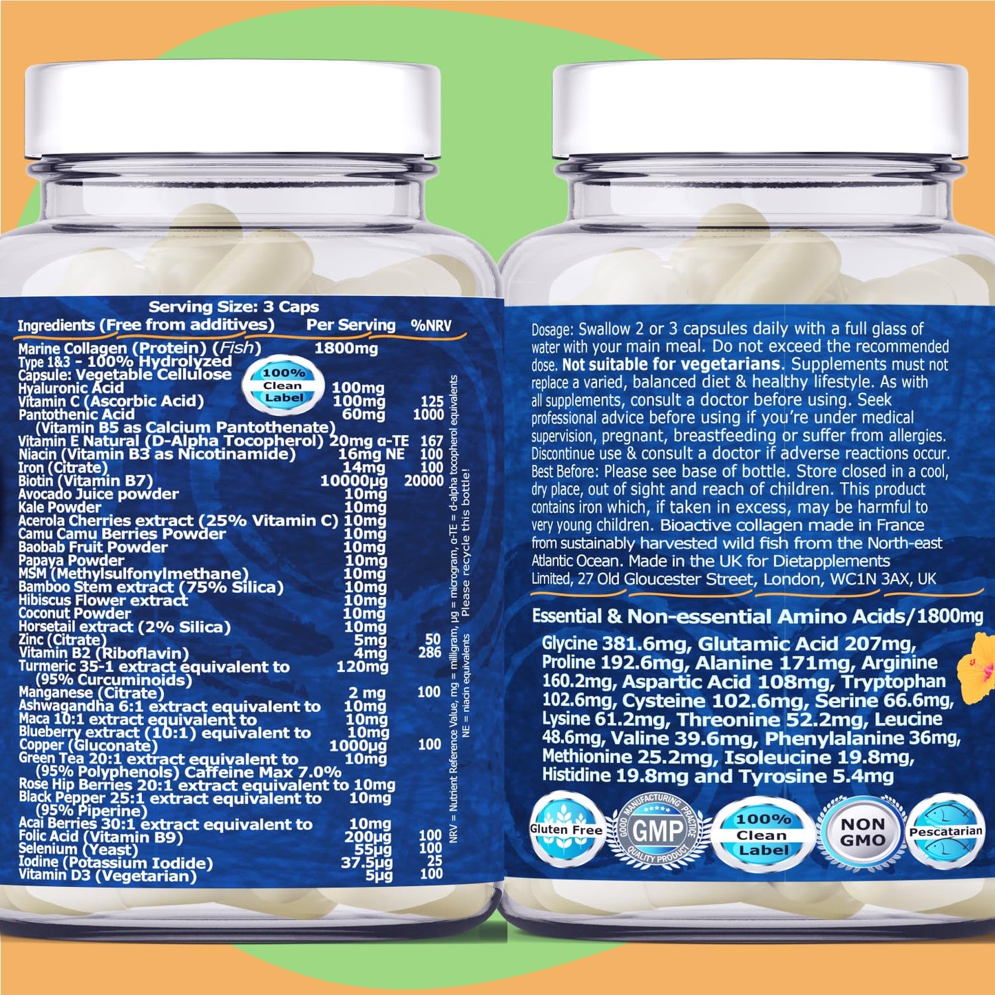 Marine Collagen Type1&3 1800mg, Biotin 10000mcg/serving, Hyaluronic Acid, Vitamins, Minerals, Botanicals DietapplementsUS supplements