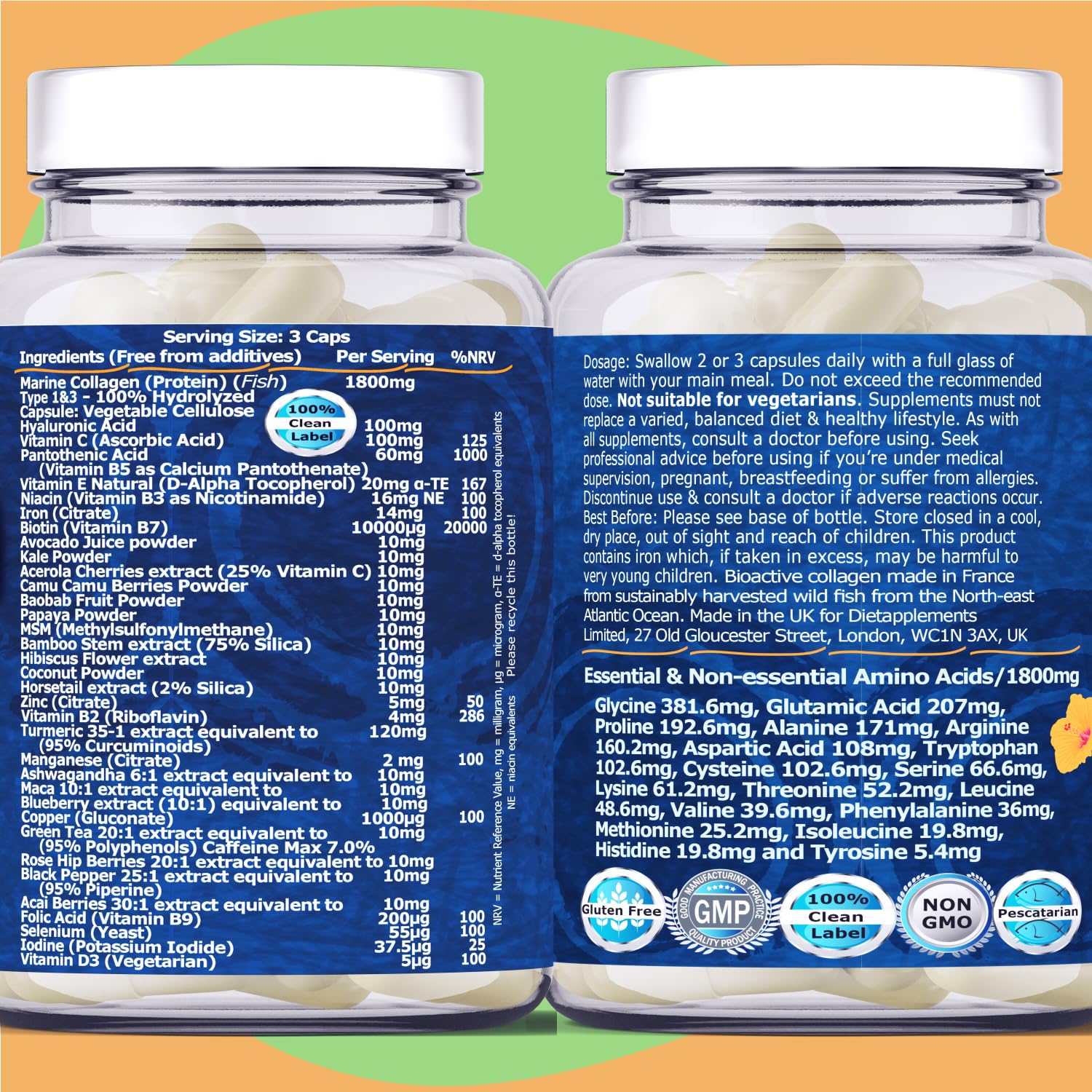 Marine Collagen Type1&3 1800mg, Biotin 10000mcg/serving, Hyaluronic Acid, Vitamins, Minerals, Botanicals DietapplementsAu supplements