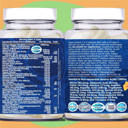 Marine Collagen Type1&3 1800mg, Biotin 10000mcg/serving, Hyaluronic Acid, Vitamins, Minerals, Botanicals DietapplementsUS supplements