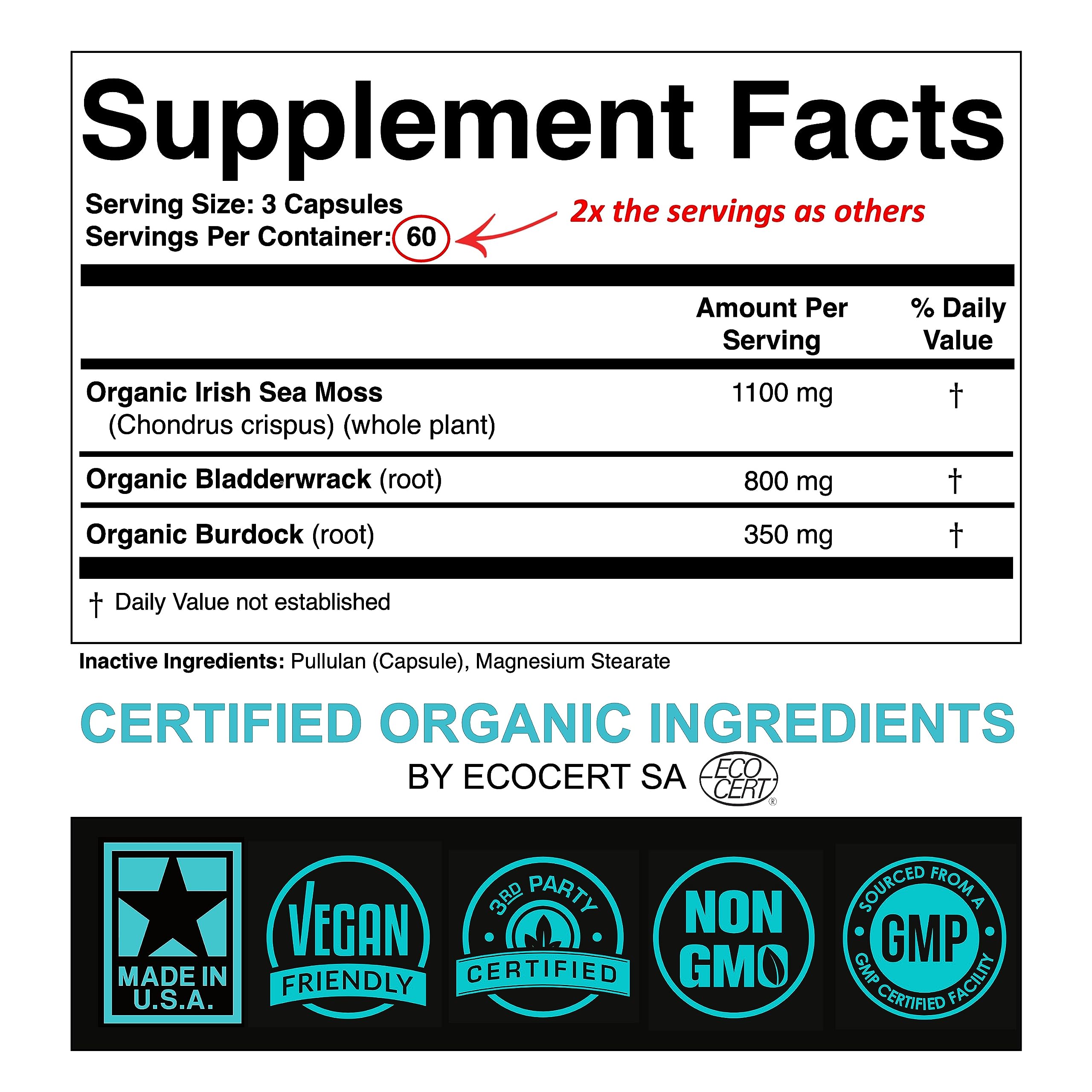 Certified Organic Sea Moss Capsules 2250mg Wildcrafted Irish Sea Moss Burdock Root SPARTISUS supplements