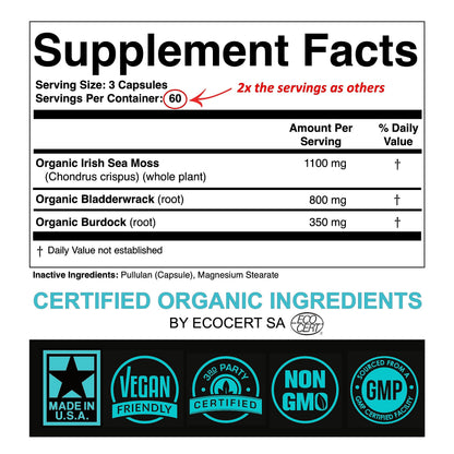 Certified Organic Sea Moss Capsules 2250mg Wildcrafted Irish Sea Moss Burdock Root SPARTISUS supplements