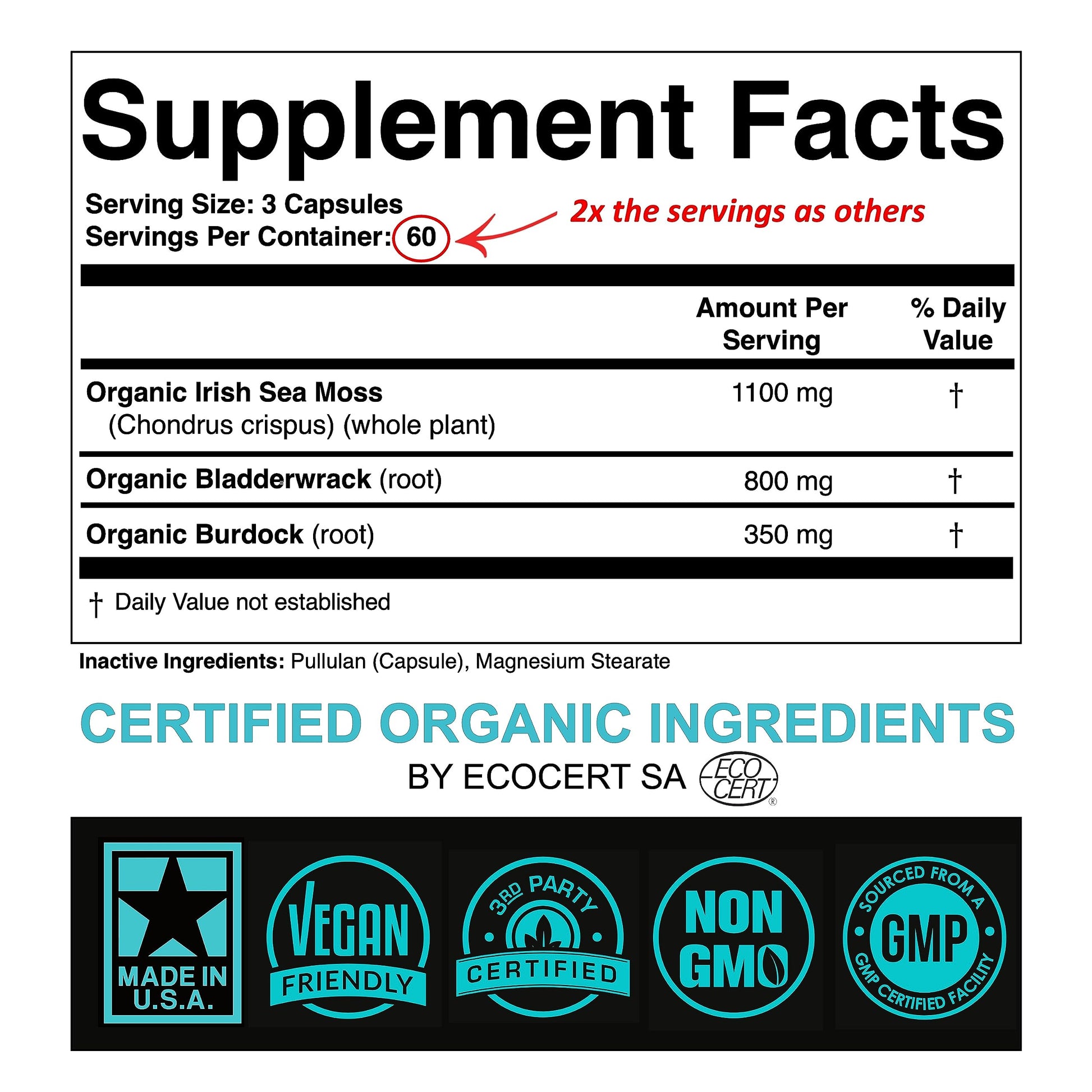 SPARTIS Certified Organic Sea Moss Capsules 2250mg Wildcrafted Irish Sea Moss Burdock Root Bladderwrack Supplement Raw Seamoss Pills & Powder (Pack of 1 at 180-Caps) SPARTISAu supplements