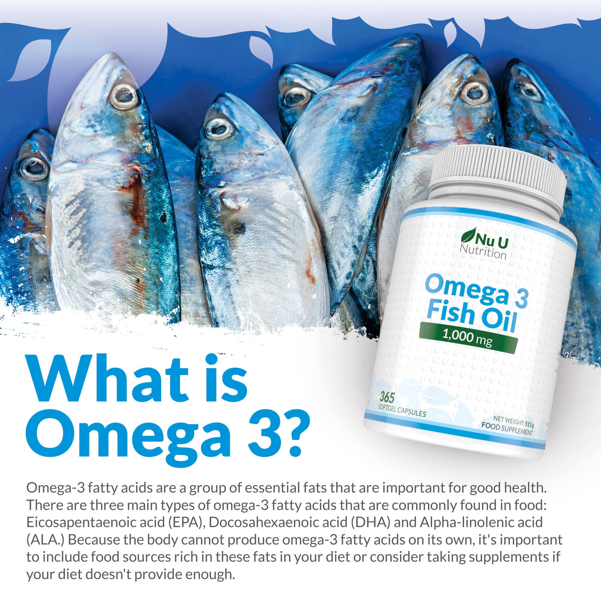 Omega 3 Fish Oil 1000mg - 365 Softgel Capsules - Up to 12 Month’s Supply - Pure Fish Oil Nu U NutritionUS supplements