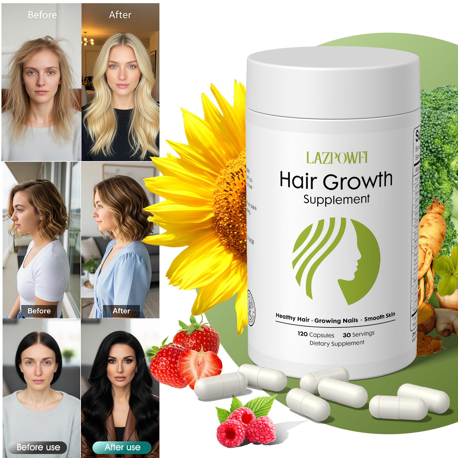 Lazpowfi Hair Growth Supplement, Biotin 10000mcg, 32-in-1 with Vitamin A, B3, C, Magnesium, Calcium, Hair Growth Products, Supports Hair & Nails Natural Growth Vitamins, for Women & Men - 30 Servings LazpowfiAu supplements