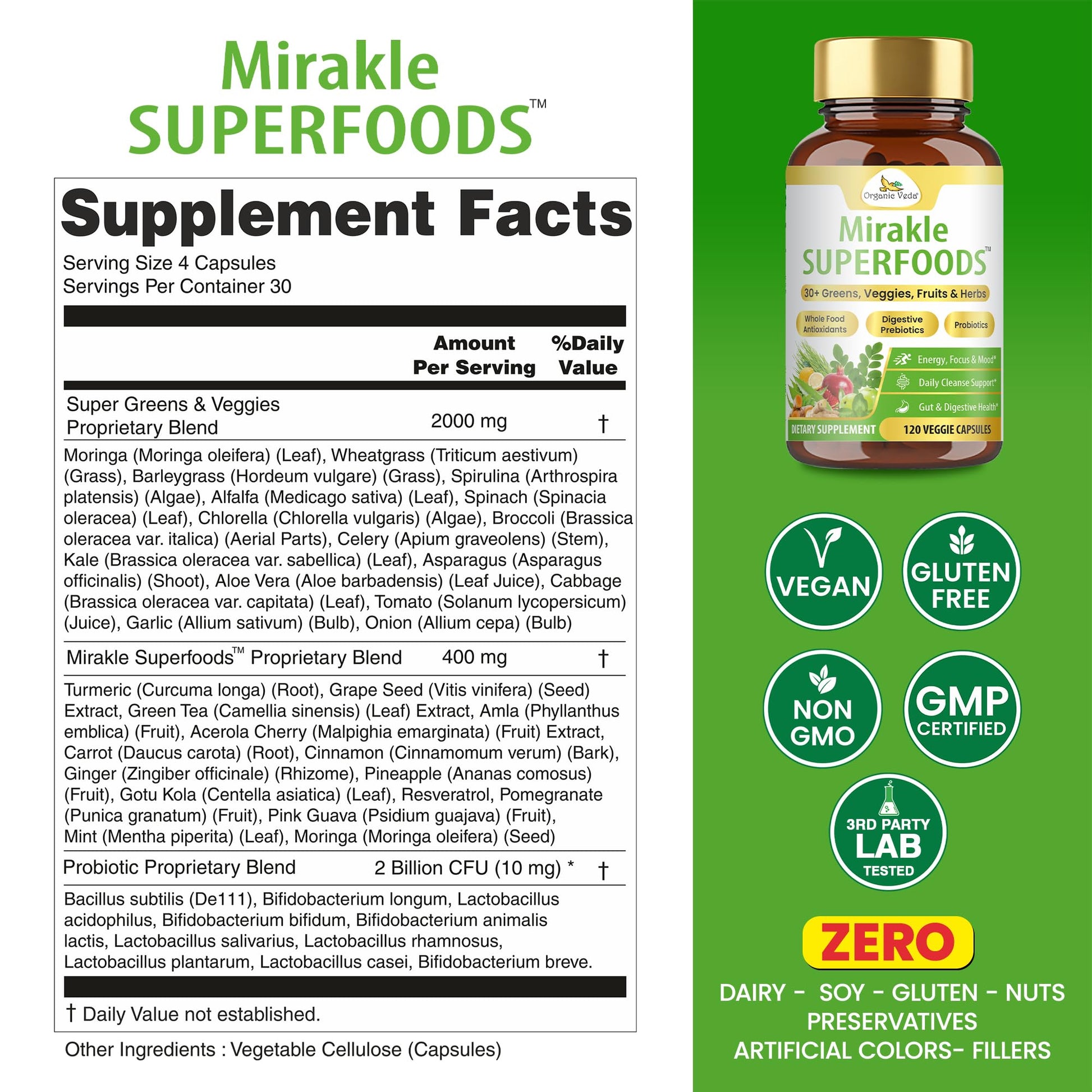 Organic Veda Mirakle Superfoods Greens Capsules - 30+ Daily Greens and Veggies Supplement with Moringa, Spirulina, Chlorella, Turmeric & Herbs, Antioxidants, Resveratrol, Probiotics - 120 Capsule Organic VedaAu supplements