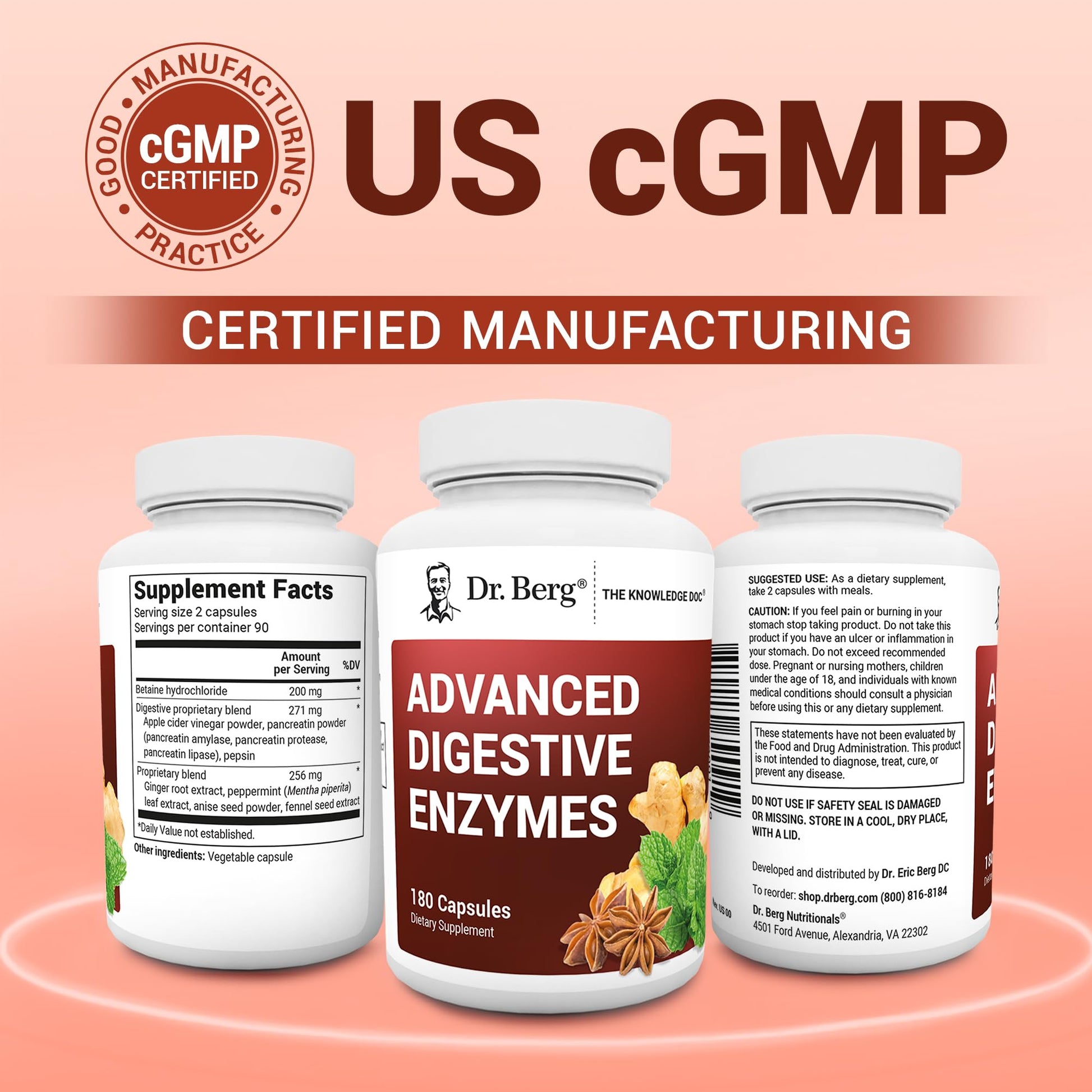 Dr. Berg Advanced Digestive Enzymes with Apple Cider Vinegar - Includes Digestive Health Ingredients Like Betaine Hydrochloride (HCI), Ginger Root & Peppermint Leaf - 180 Capsules Dr. Berg NutritionalsAu supplements
