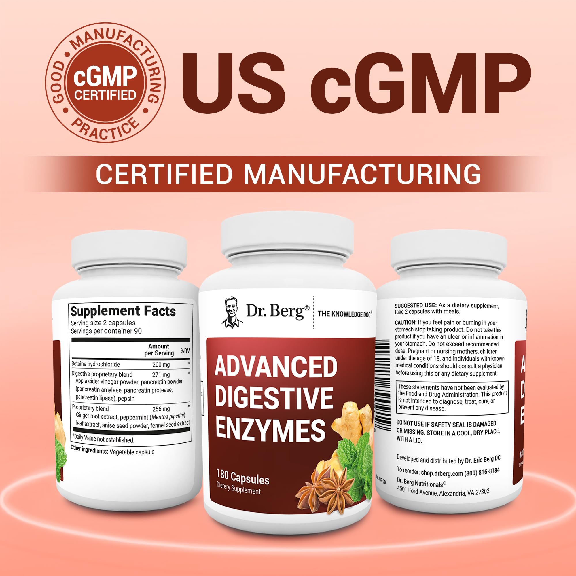 Dr. Berg Advanced Digestive Enzymes with Apple Cider Vinegar - Includes Digestive Health Ingredients Like Betaine Hydrochloride (HCI), Ginger Root & Peppermint Leaf - 180 Capsules Dr. Berg NutritionalsAu supplements