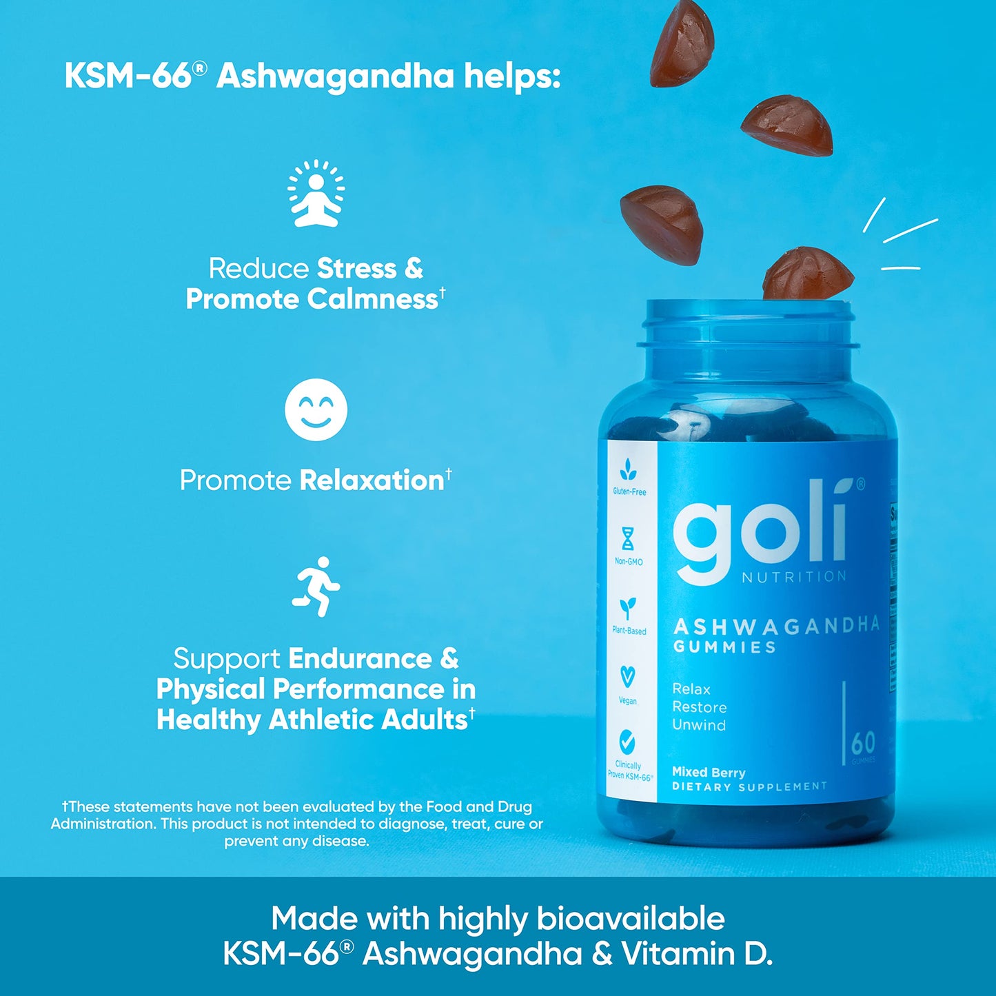 Goli Ashwagandha & Vitamin D Gummy - 180 Count - Mixed Berry, KSM-66, Vegan GoliUS supplements
