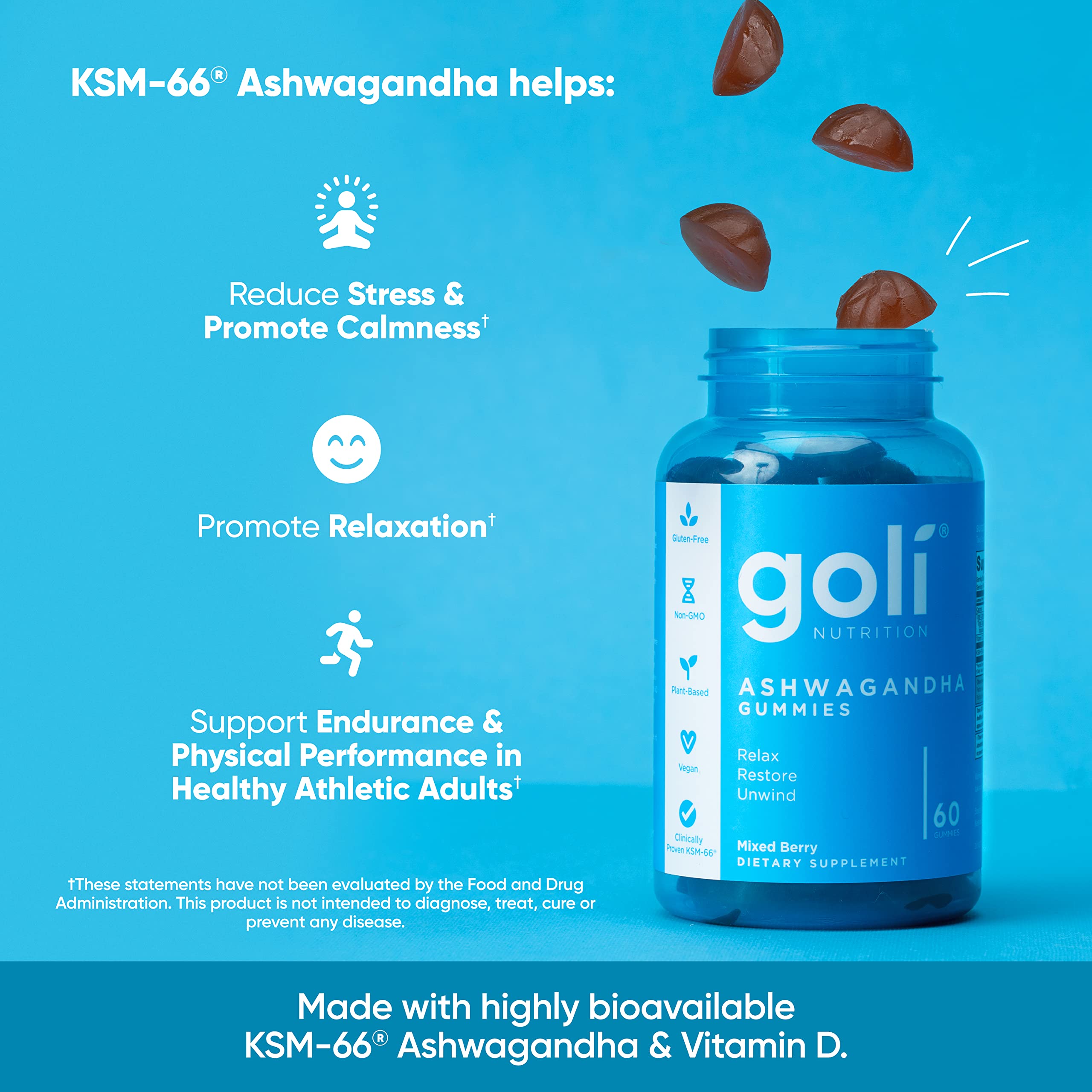 Goli Ashwagandha & Vitamin D Gummy - 180 Count - Mixed Berry, KSM-66, Vegan GoliAu supplements