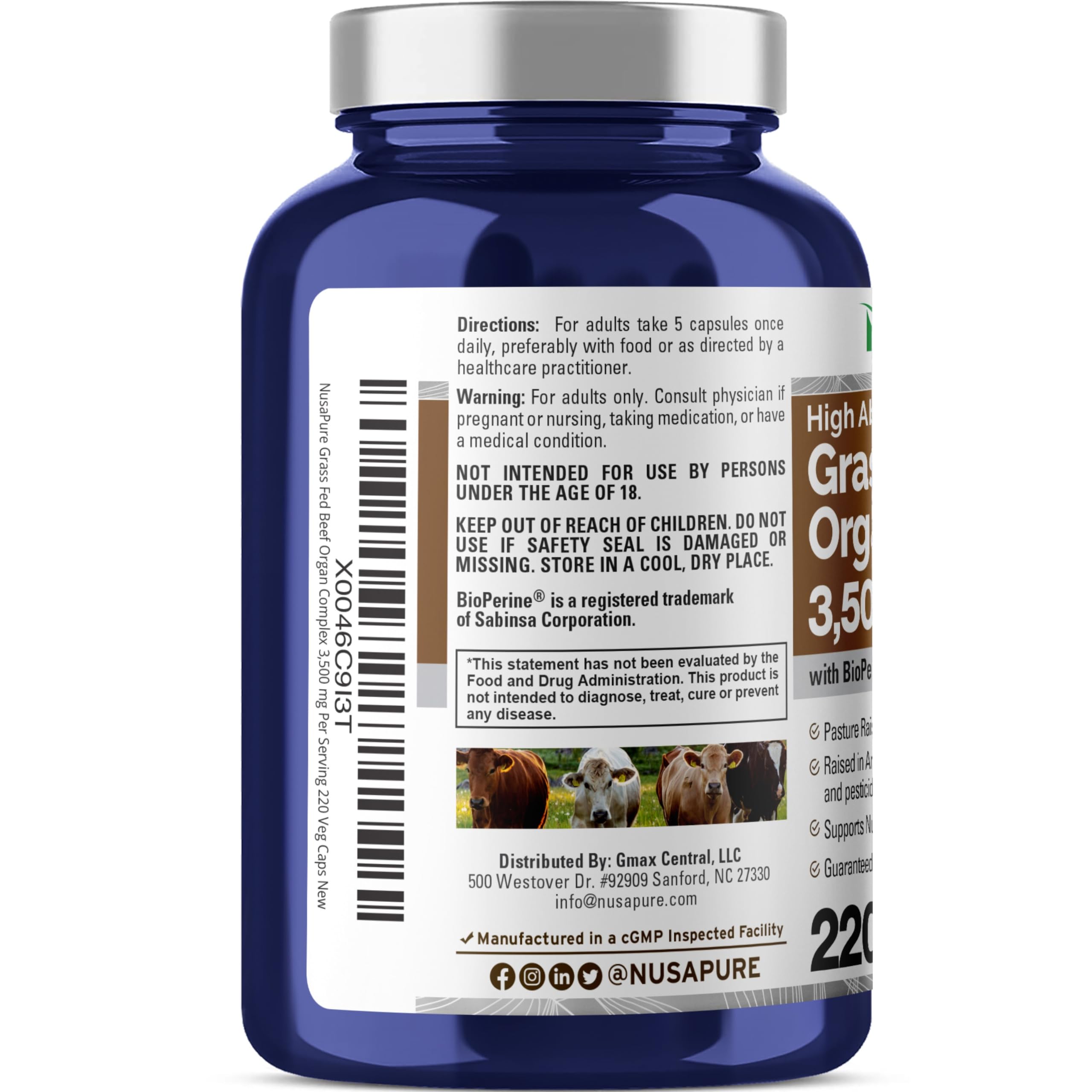 NusaPure Grass Fed Beef Organ Complex | 220 Capsules | Pasture Raised | with Desiccated Liver, Kidney, Pancreas, Heart, Spleen | Soyfree Non-GMO, Bioperine NusaPureAu supplements