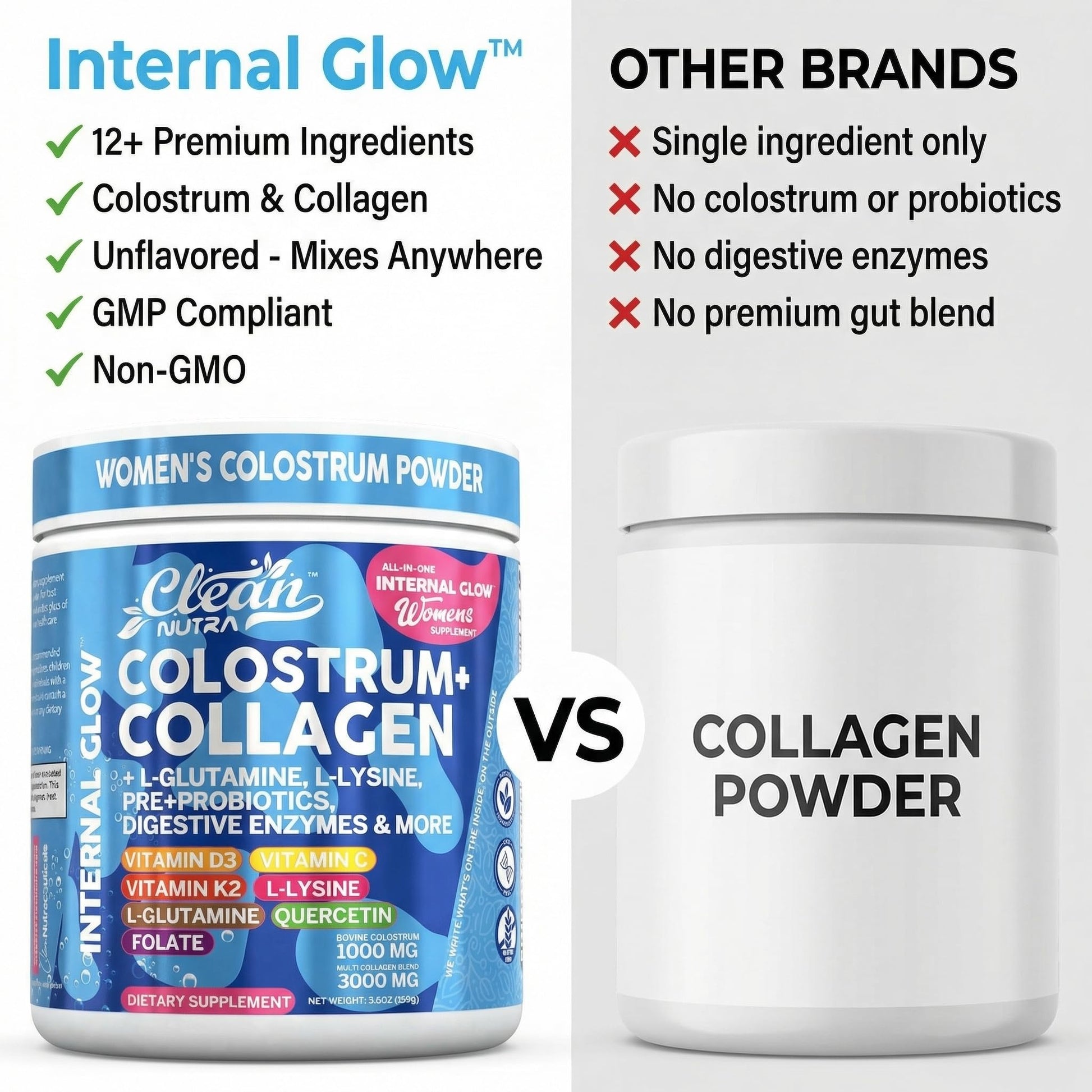 Bovine Colostrum Powder + Collagen Peptides with L-Glutamine L-Lysine Prebiotics Probiotics Digestive Enzymes Vitamin D K2 C Quercetin & Folate | Gut Health Supplement Internal Glow By Clean Nutra Clean NutraceuticalsAu supplements