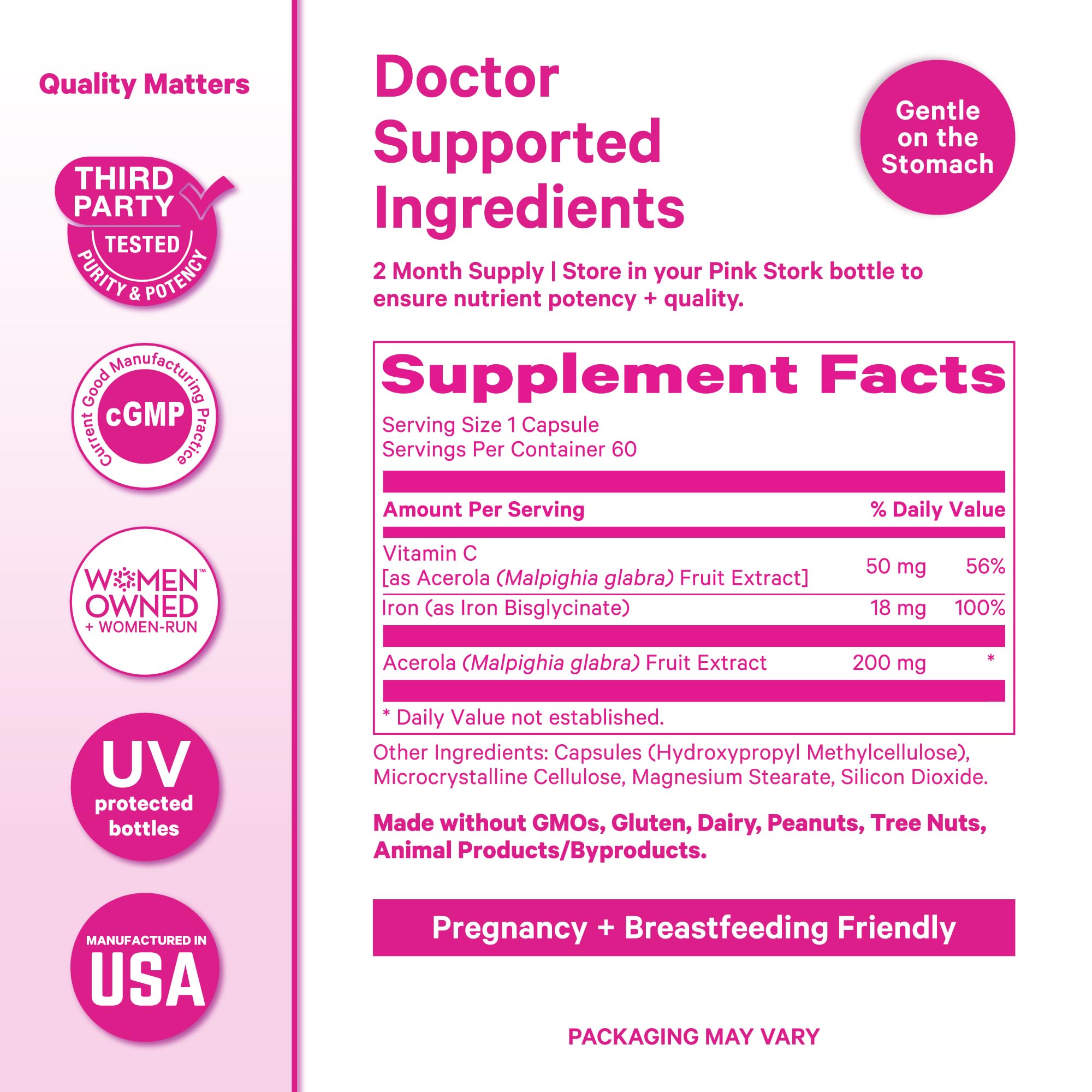 Pink Stork Iron for Women – 18 mg Non-Constipating Iron Bisglycinate + Vitamin C for Optimal Absorption – Energy, Focus, & Oxygen Supply – PMS, Pregnancy, Postpartum & Perimenopause - 60 Capsules Pink StorkAu supplements