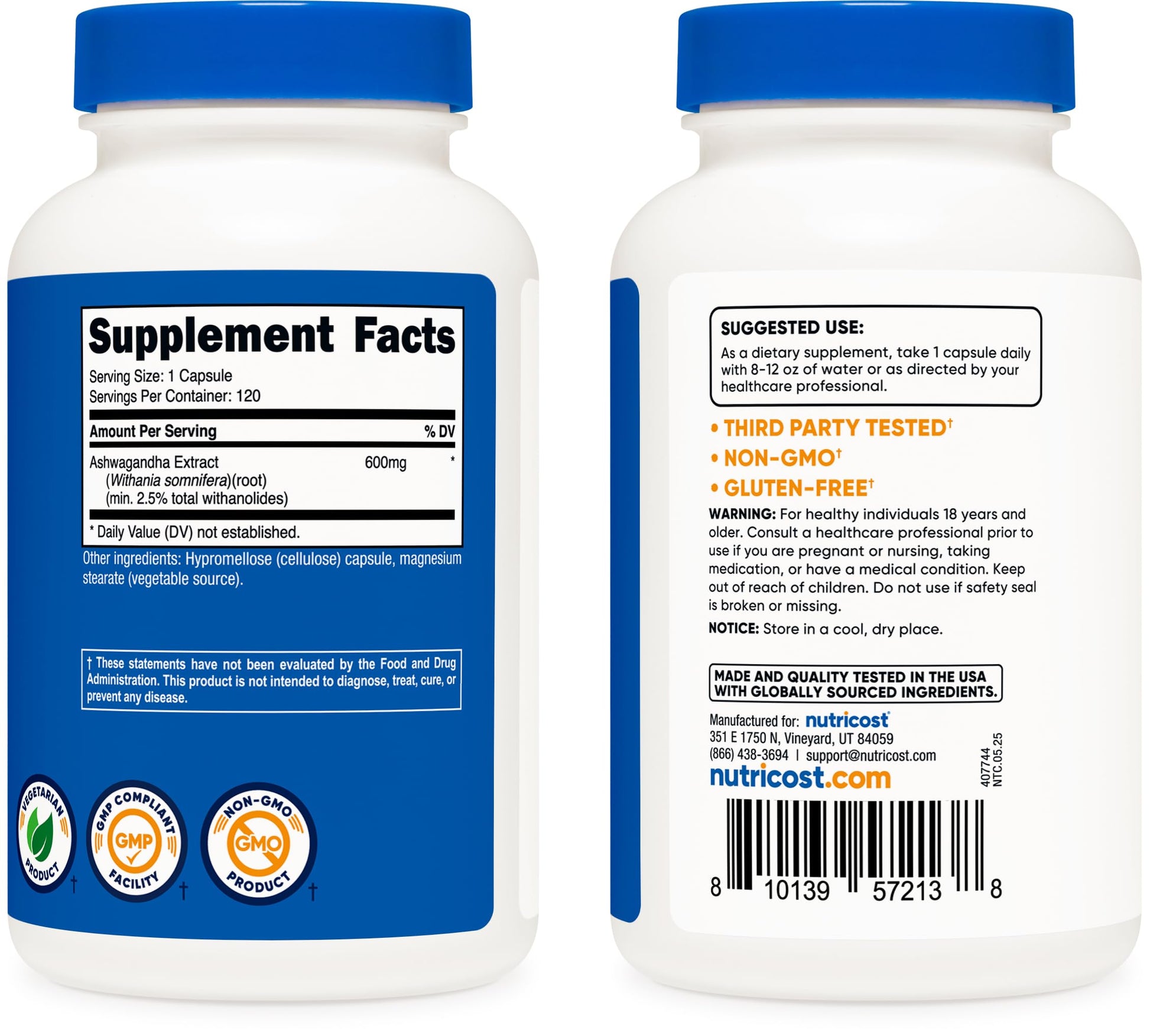 Nutricost Ashwagandha Herbal Supplement 600mg, 120 Capsules - Vegetarian, Non-GMO, Gluten Free, Ashwagandha Root NutricostAu supplements