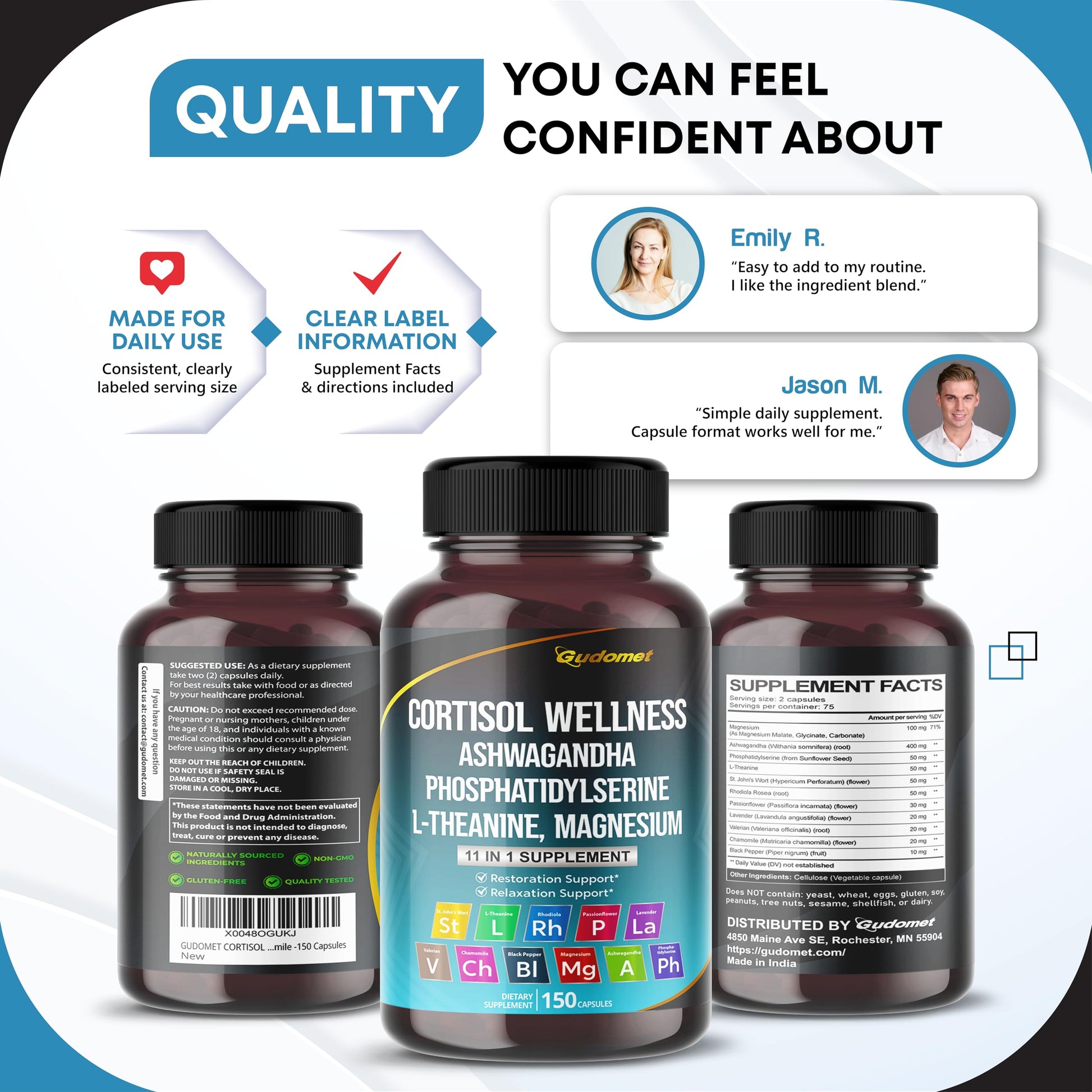 GUDOMET CORTISOL Wellness Magnesium Ashwagandha L-Theanine Phosphatidylserine Rhodiola Rosea Passionflower Lavender Chamomile -150 Capsules GUDOMETAu supplements