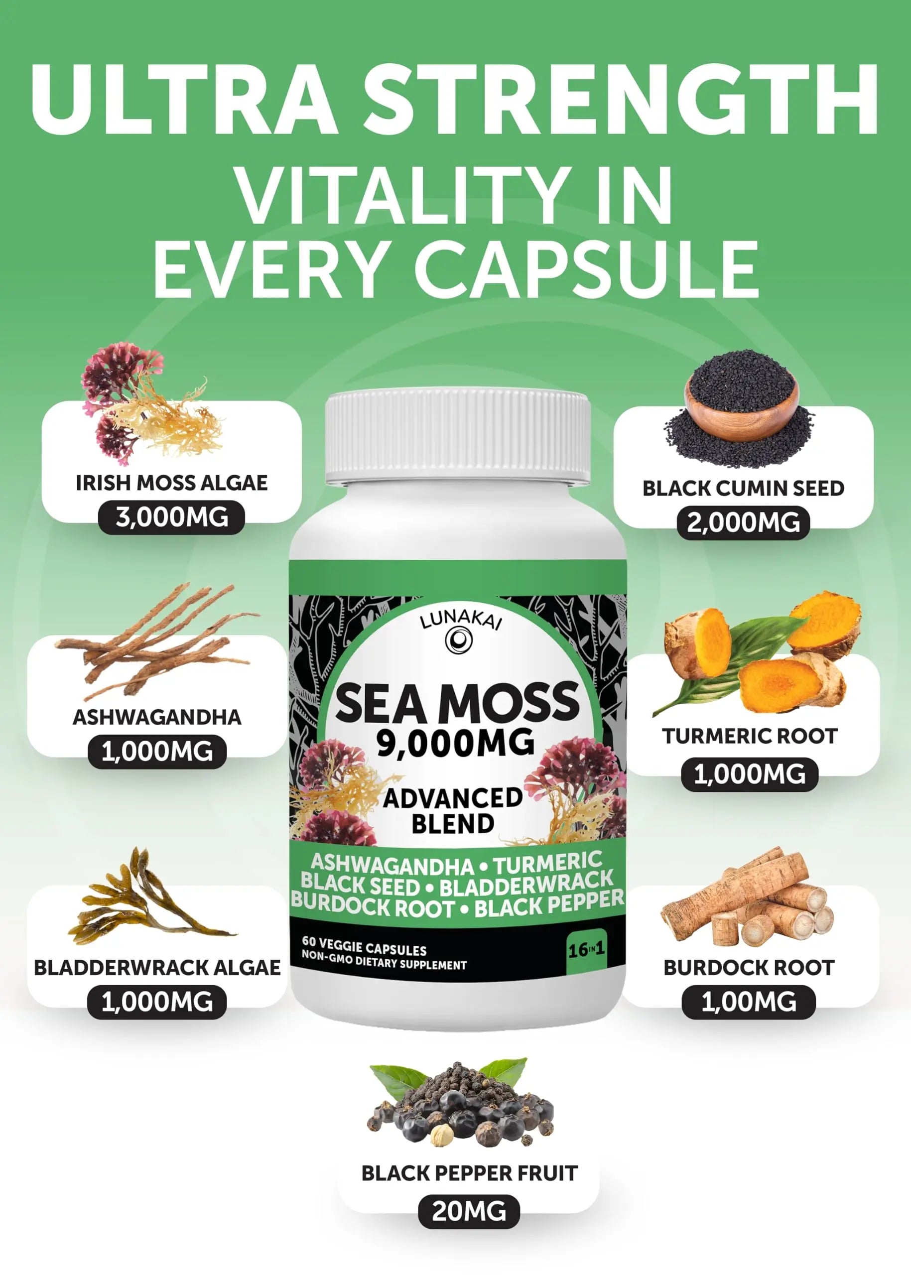 Lunakai USA Made Moringa & Sea Moss Capsules Bundle – 6-in-1 & 16-in-1 Advanced Blends – 60 Non-GMO Veggie Capsules Each Lunakainz supplements