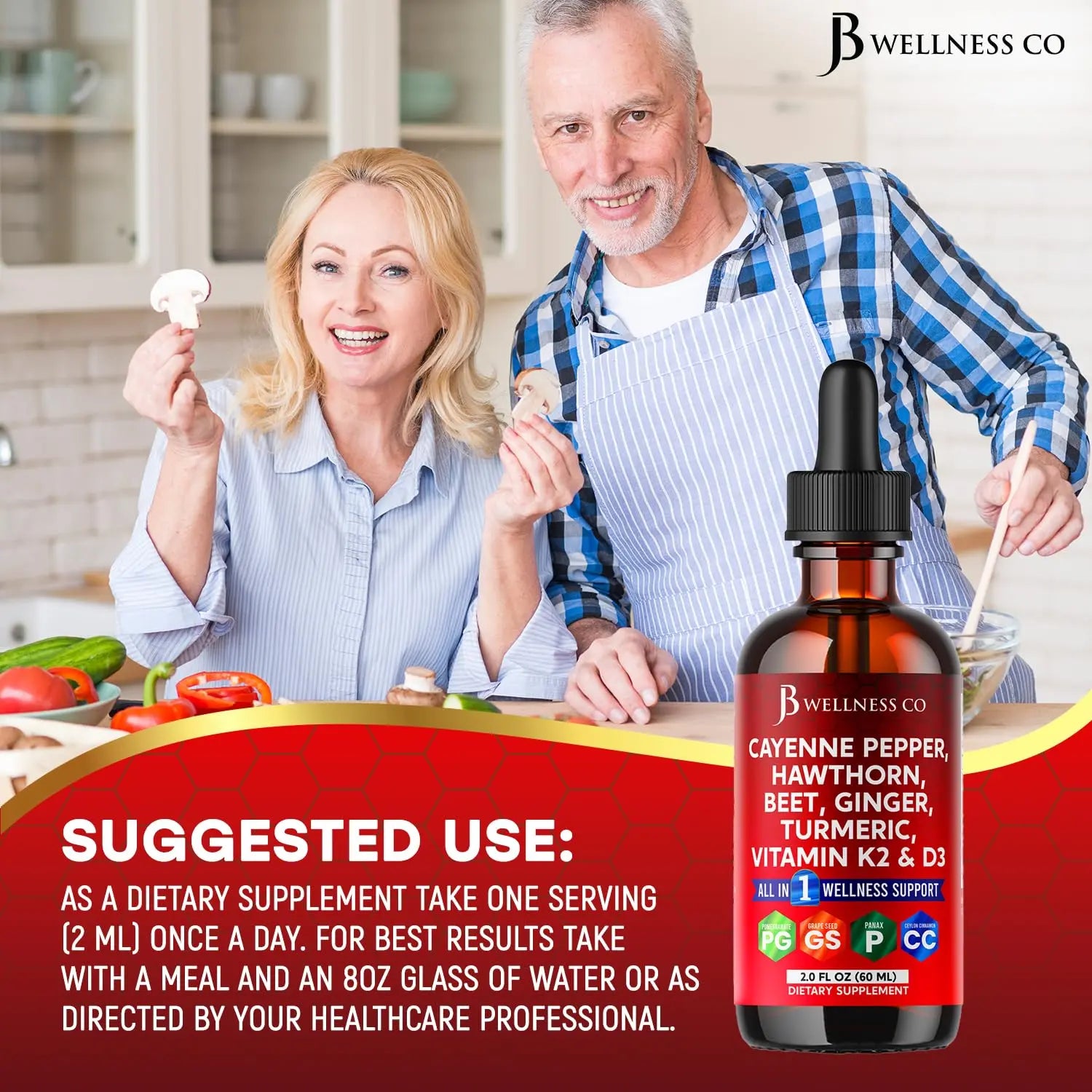 Cayenne Pepper Supplement Liquid Drops + Hawthorn Berry, Vitamin D3 K2 Beet Root Powder, Ceylon Cinnamon, Turmeric Curcumin, Organic Panax Ginseng - 4oz JB Wellness Conz supplements