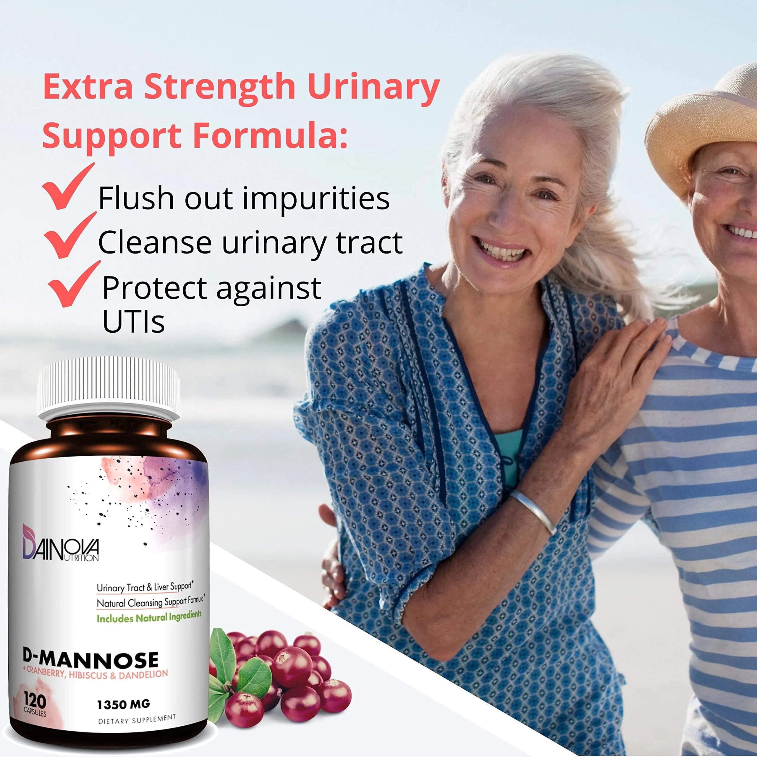 Dainova D Mannose 1350mg with Cranberry I D-Mannose Capsules for UTI Prevention, Urinary Tract Support, Urinary Tract Health for Women, & Cleanse. W/Hibiscus & Dandelion, 120 Veggie Capsules Dainova NutritionAu supplements