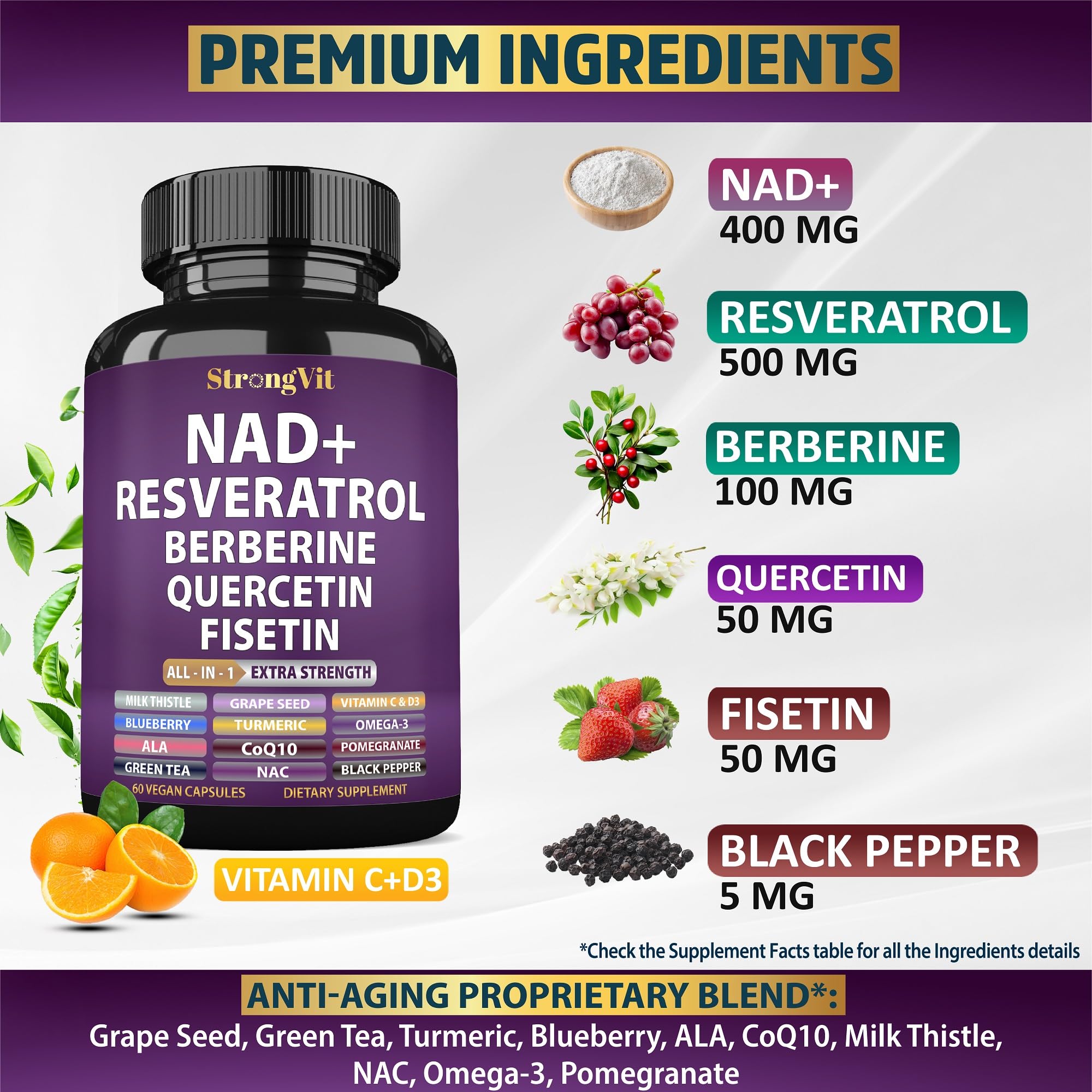 NAD Resveratrol Supplement with Berberine, Quercetin, CoQ10. Anti-Aging Formula for Women & Men. Liposomal NAD Plus, NAD+ Booster, Pure Organic Vitamin, USA StrongVitAu supplements