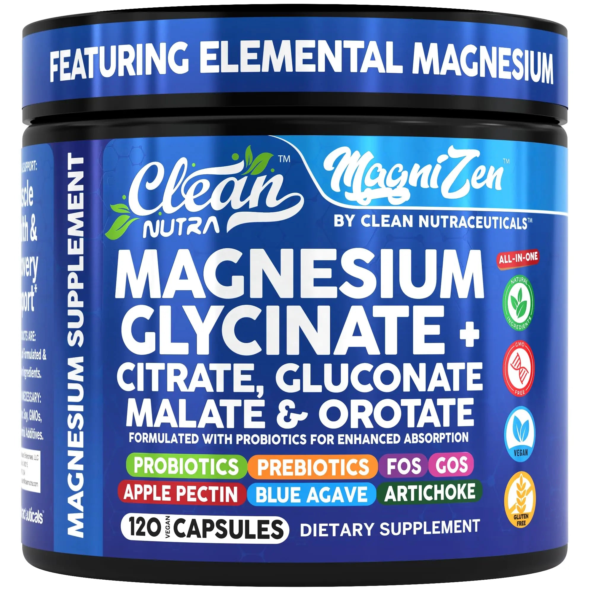 Clean Nutra Magnesium Glycinate Citrate Malate Orotate Taurate Supplement Complex + 10 Strain Probiotic Prebiotics FOS GOS Inulin Sleep Calm Support Apple Pectin – 120 Vegan Capsules Clean NutraceuticalsAu supplements