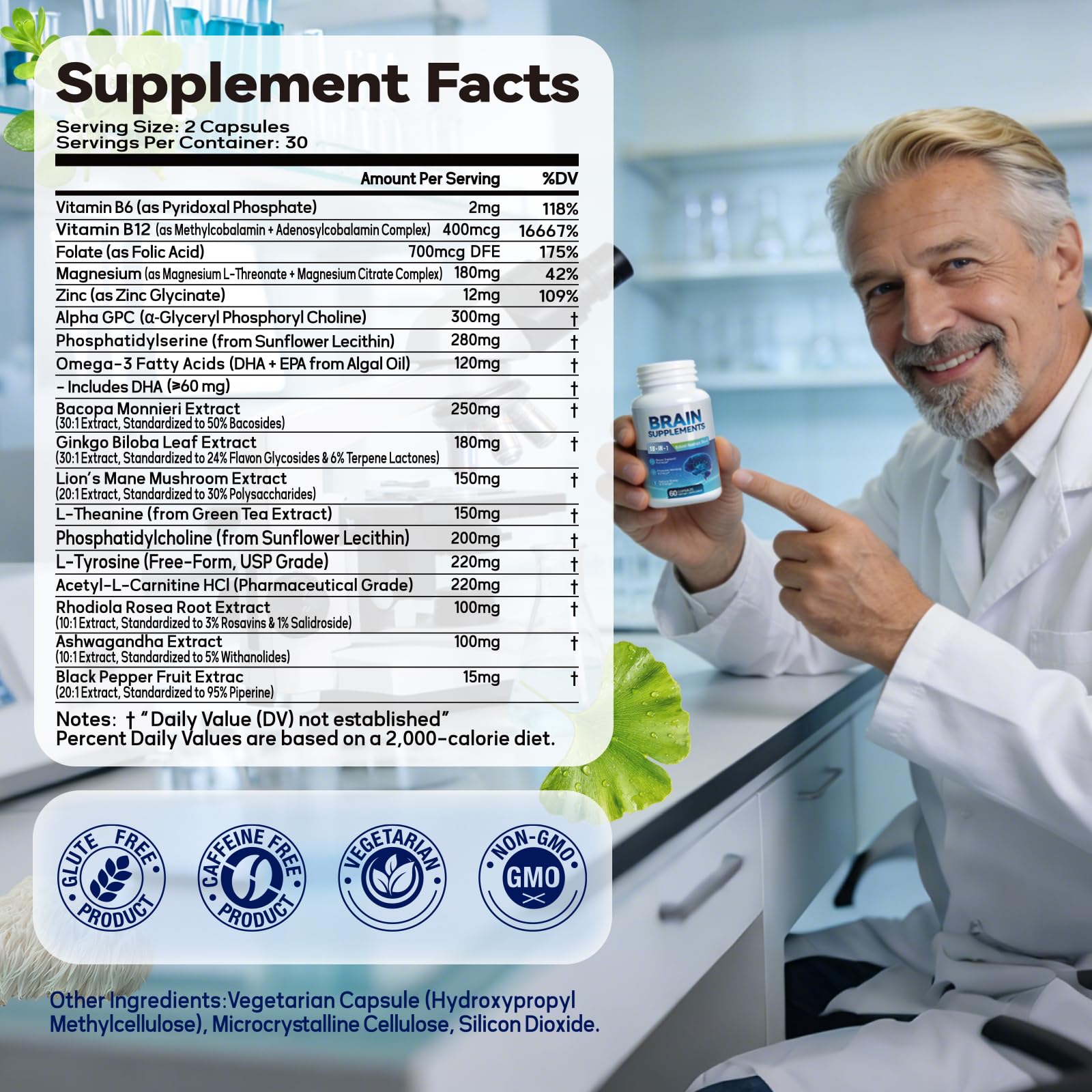 18-in-1 Brain Supplement for Memory and Focus – Nootropic Capsules with Alpha GPC, Bacopa, Ginkgo Biloba, Lion's Mane, Vitamin B6 & B12 | Cognitive Health, Mental Clarity | Vegan, Non-GMO FenolutraAu supplements