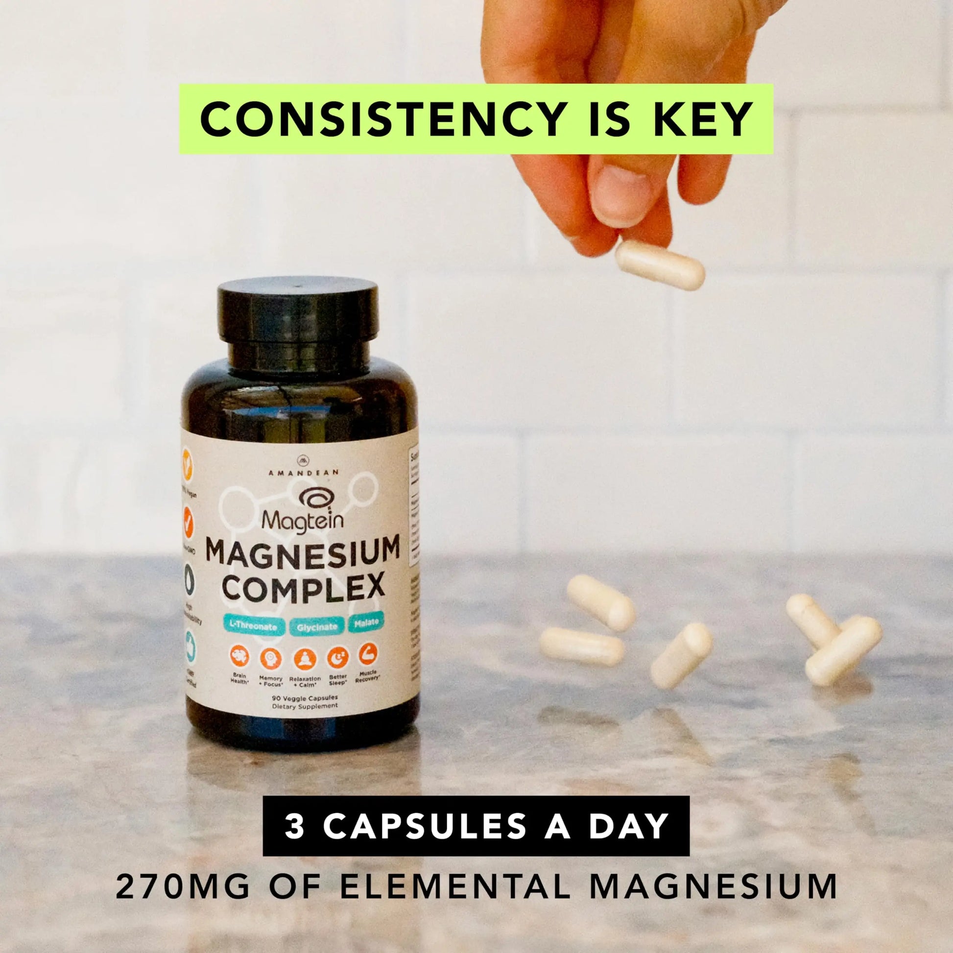 AMANDEAN Magtein Magnesium Complex. L-Threonate, Glycinate, Malate Triple Blend Chelated Magnesium Supplement. 90 Veggie Capsules. High Absorption Branded Ingredients. Brain Health, Sleep, Calm*. AMANDEANnz supplements