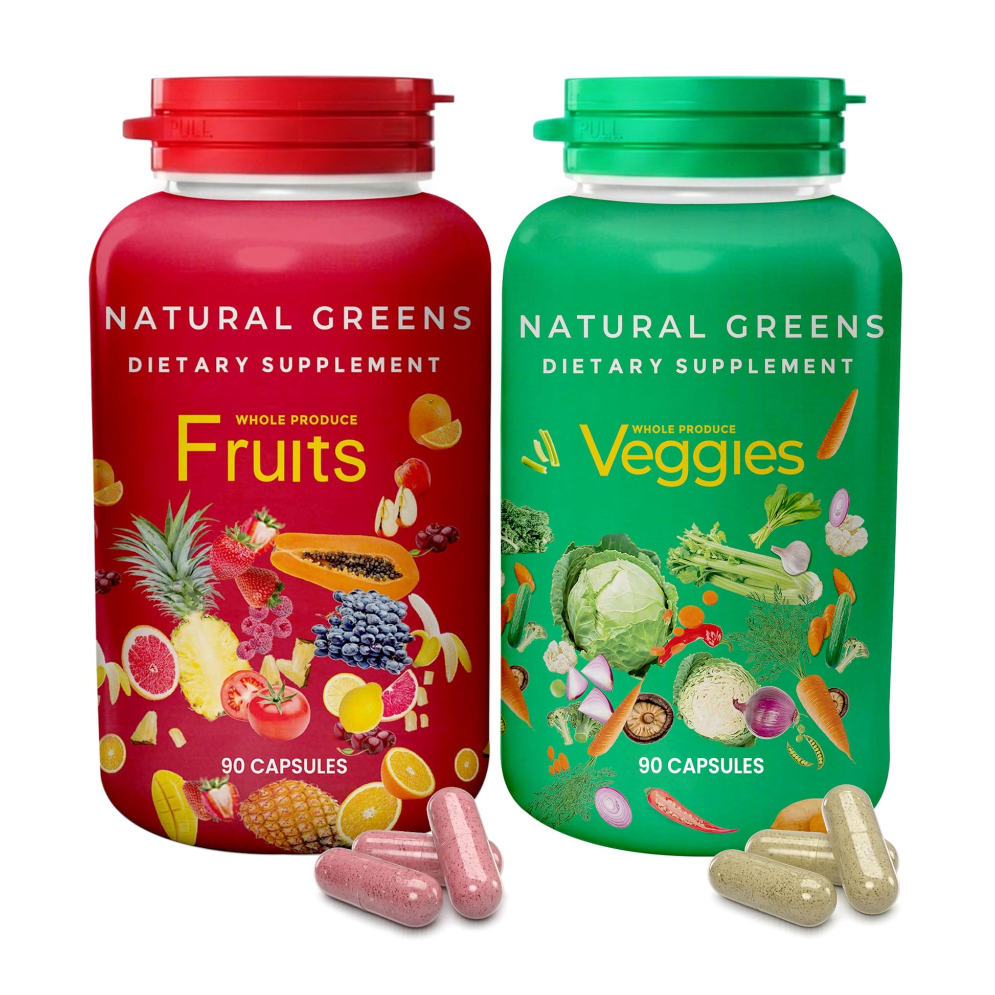 Fruits and Veggies Whole Produce Dietary Supplement with Superfood Fruits and Vegetables for Men, Women and Kids, 90 Fruit Capsules, 90 Veggie Capsules - 1 Set NATURAL GREENSAu supplements