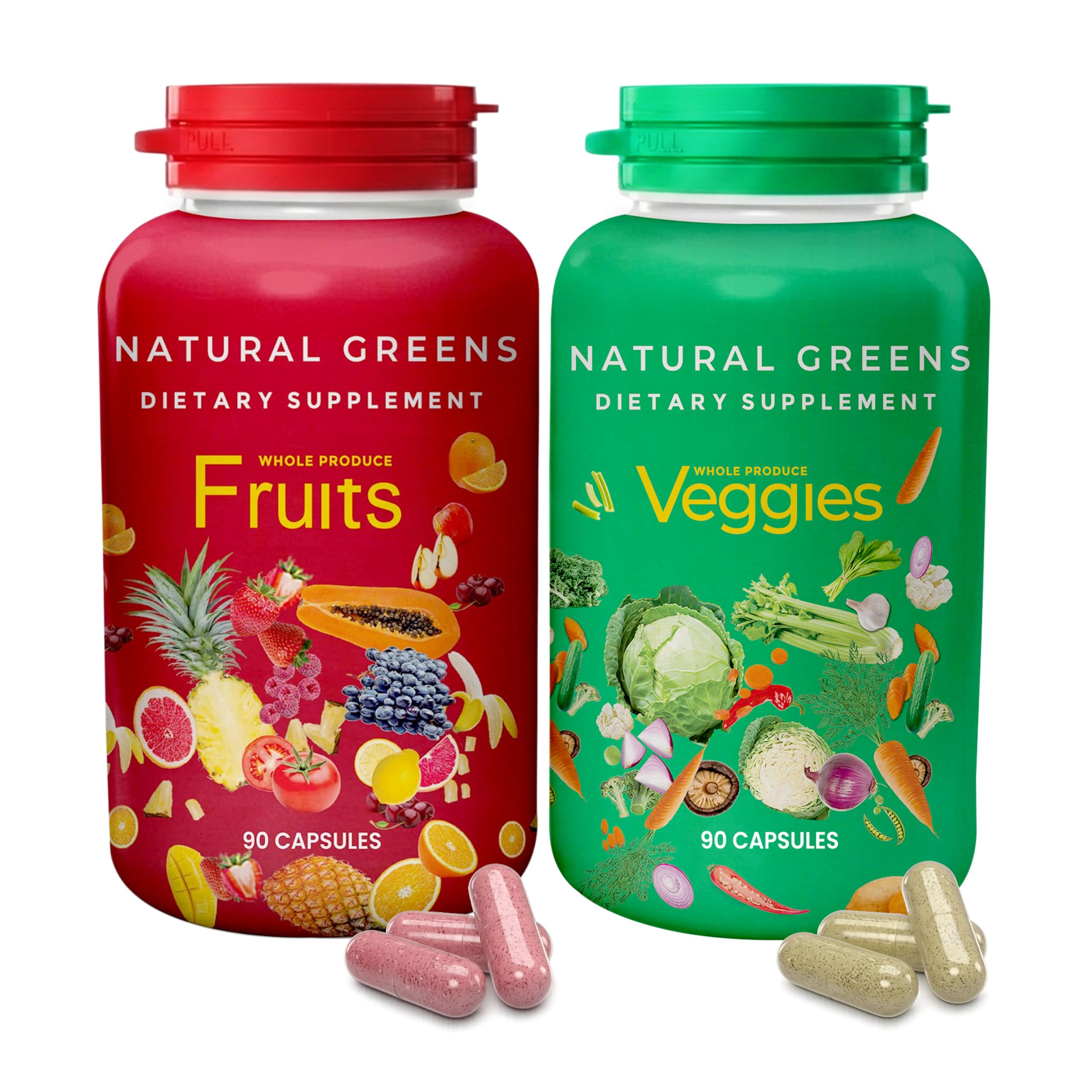 Fruits and Veggies Whole Produce Dietary Supplement with Superfood Fruits and Vegetables for Men, Women and Kids, 90 Fruit Capsules, 90 Veggie Capsules - 1 Set NATURAL GREENSAu supplements