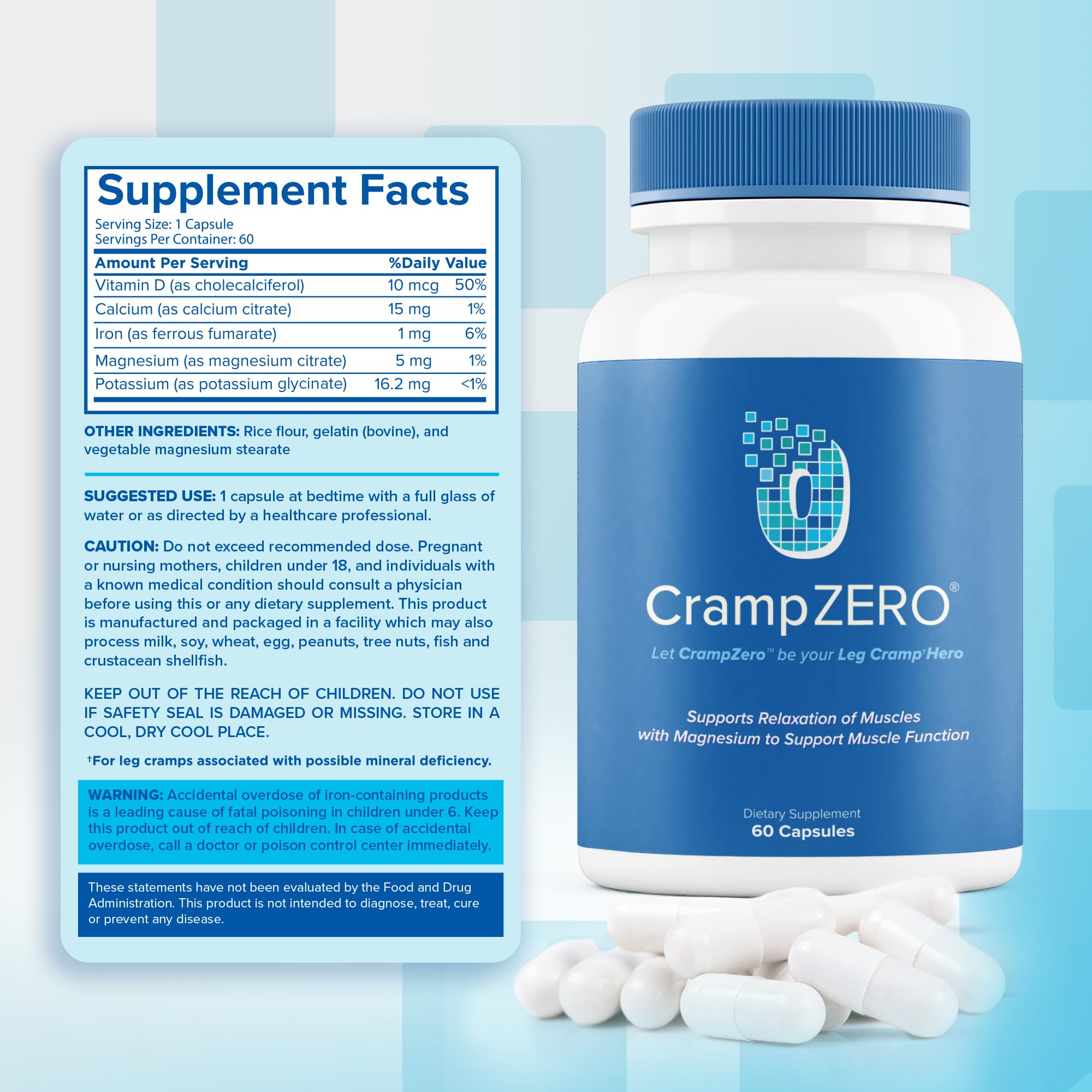 CrampZero Magnesium for Leg Cramps at Night – Potassium Magnesium Supplement with Calcium and Vitamin D3, Supports Muscle Relaxation and Function, Night Leg Cramps Relief, 60 Capsules CrampZeroAu supplements