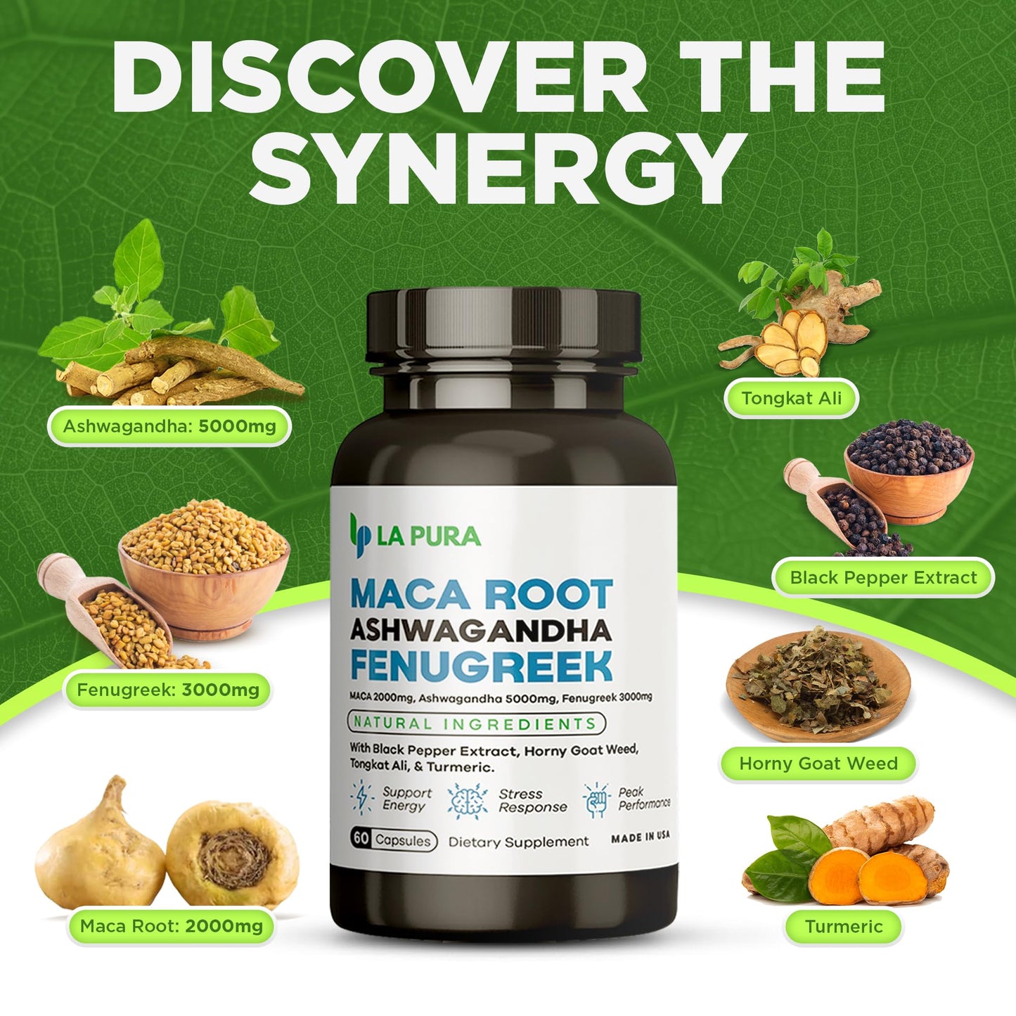 LaPura Ashwagandha 5000mg Maca Root 2000mg Fenugreek 3000mg Supplement LaPuraUS supplements