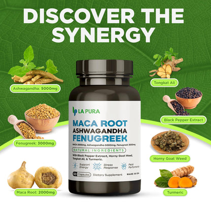 LaPura Ashwagandha 5000mg Maca Root 2000mg Fenugreek 3000mg Supplement LaPuraUS supplements