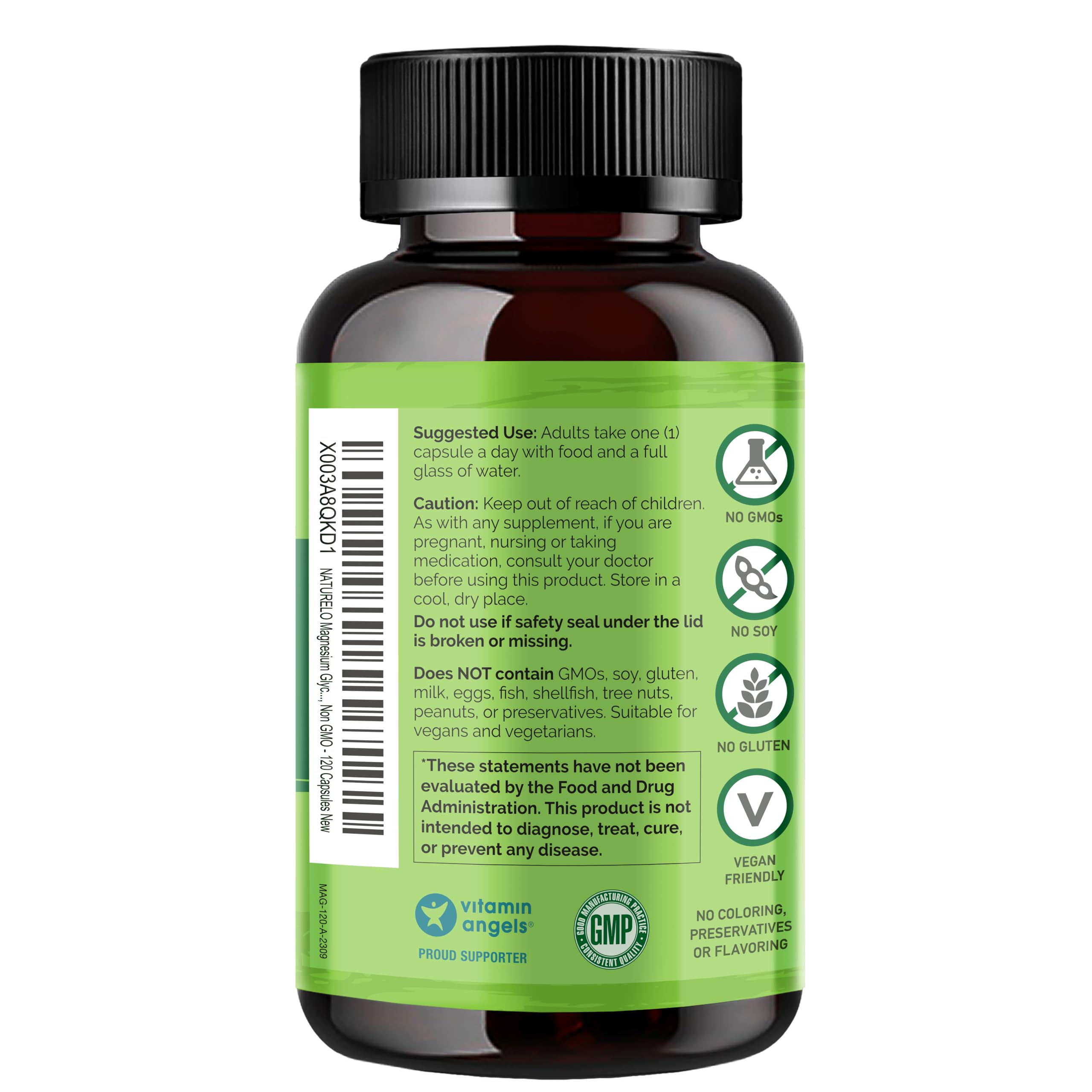 NATURELO Magnesium Glycinate Chelate Complex - 200 mg Magnesium with Organic Vegetables to Support Sleep, Calm, Muscle Cramp & Stress Relief - Gluten Free, Non GMO - 120 Capsules NATURELOAu supplements