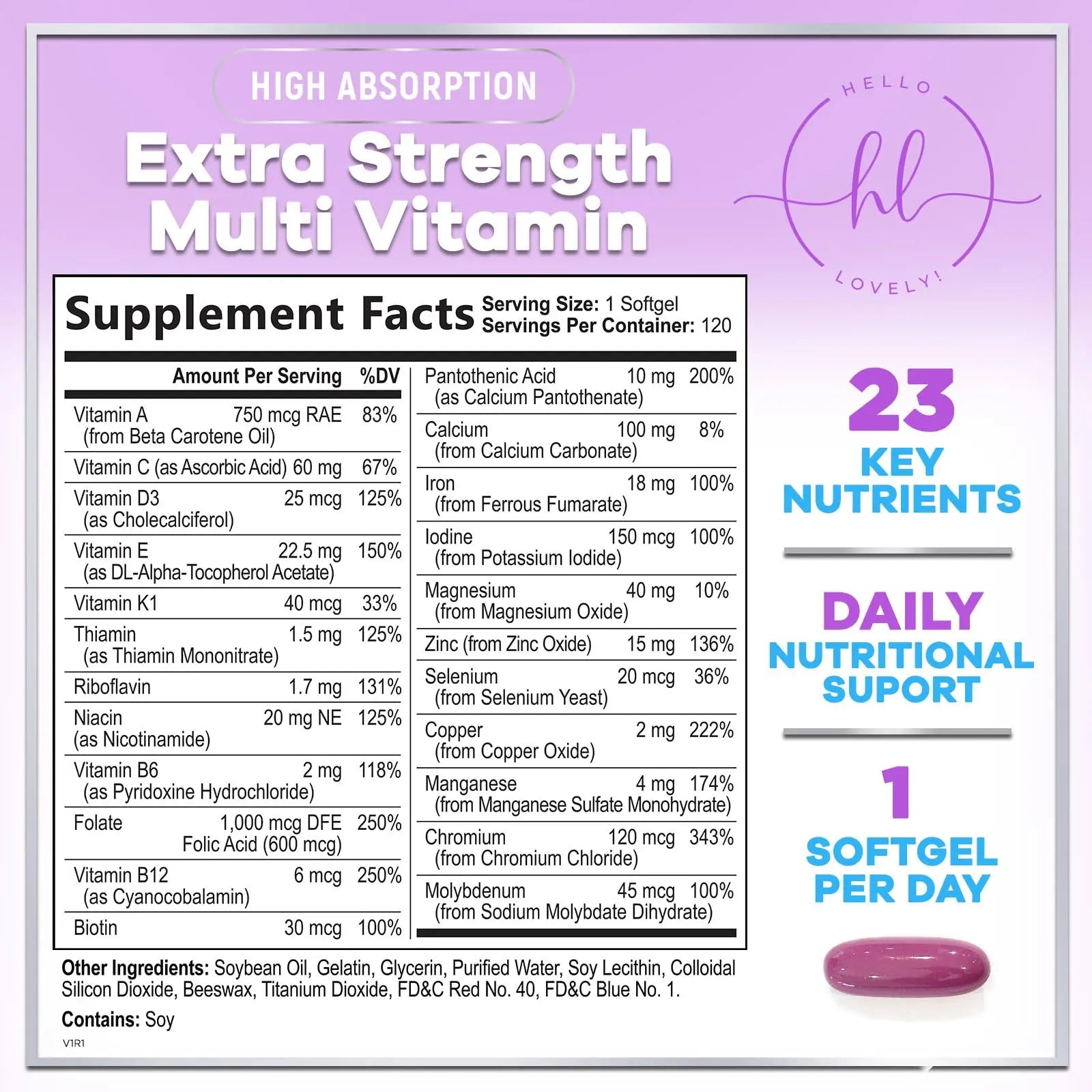Multivitamin For Women - Complete Daily Woman's Multivitamins with Biotin, Calcium, Folic Acid, Iron, Zinc, Vitamin A, C, D, E & B Vitamins Hello Lovely!Au supplements