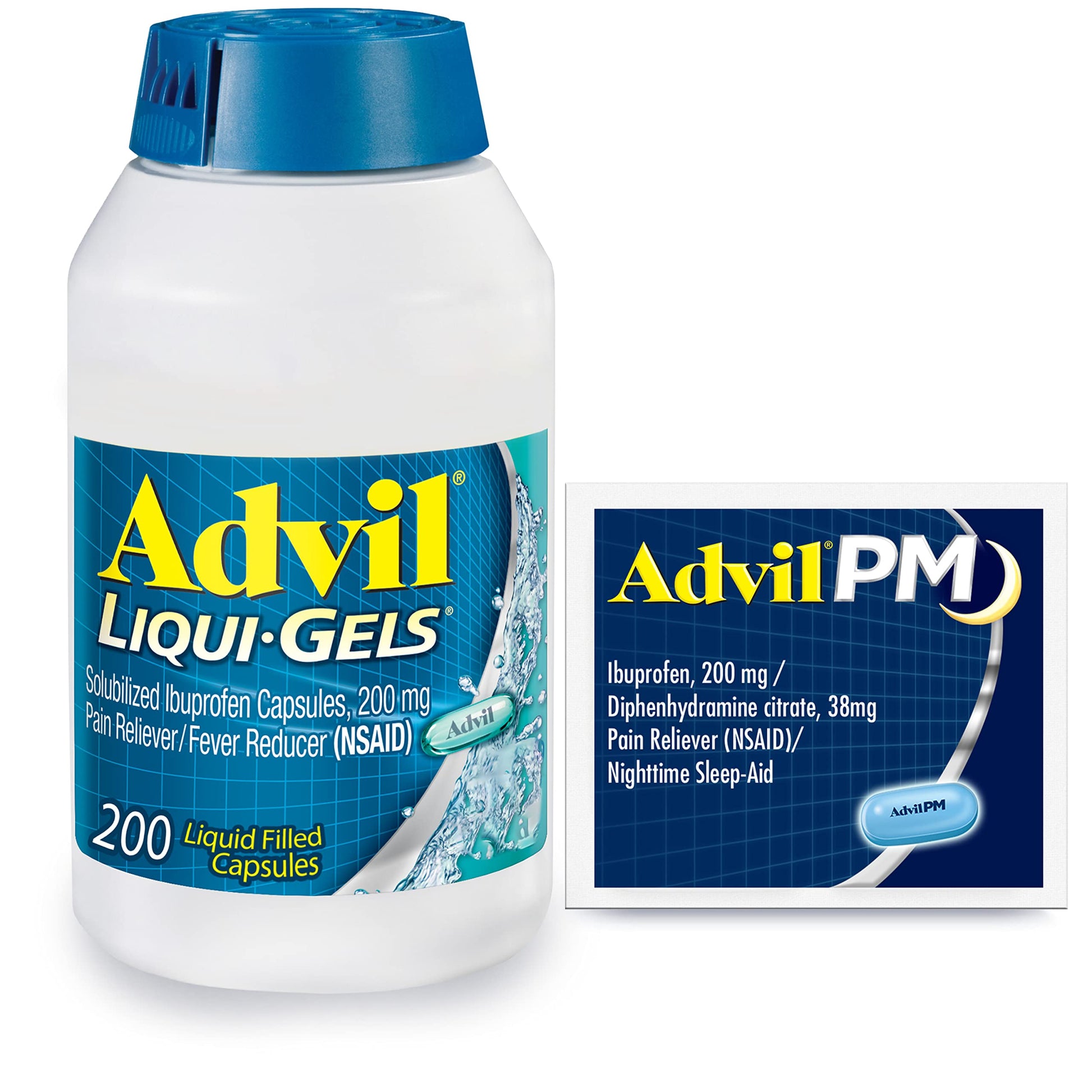 Advil Liqui-Gels Pain Reliever and Fever Reducer, Pain Medicine for Adults with Ibuprofen 200mg for Headache, Backache, Menstrual Pain and Joint Pain Relief - 200 Capsules, Advil PM Ibuprofen - 2 Ct AdvilAu supplements